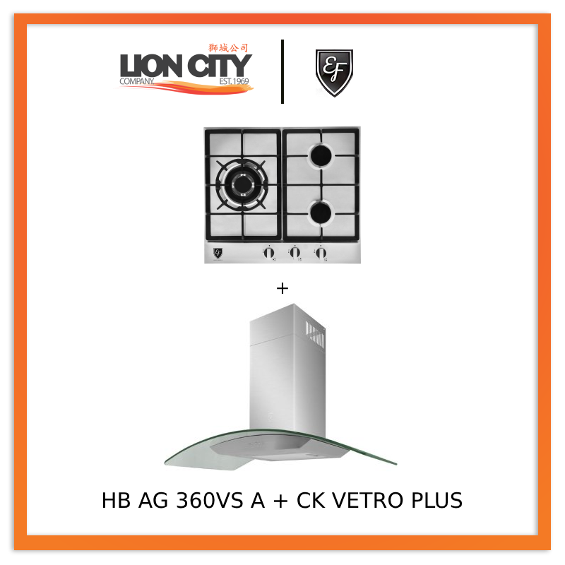 EF 90cm Chimney Cooker Hood CK Vetro Plus with EF HB AG 360VS 58cm Built-in Hob - Modern Kitchen Ventilation for Efficient Cooking & Smoke Removal