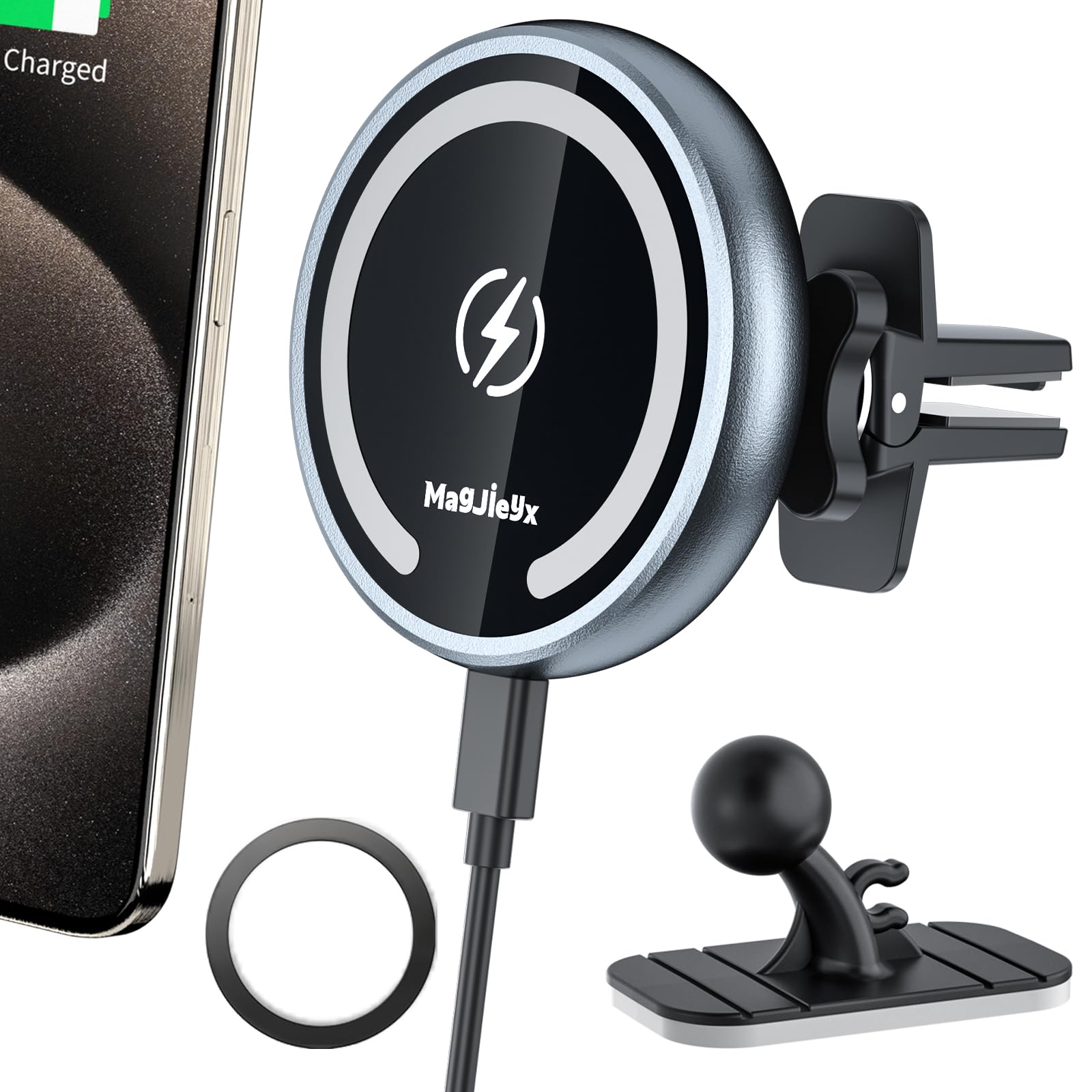 Magnetic Car Phone Holder with Magsafe Wireless Charger - Fast Charging Compatible with iPhone 16/15/14/13/12 Pro Max/Mini & Magsafe Cases - Air Vent & Dashboard Mount - Perfect for Road Trips & Commuting