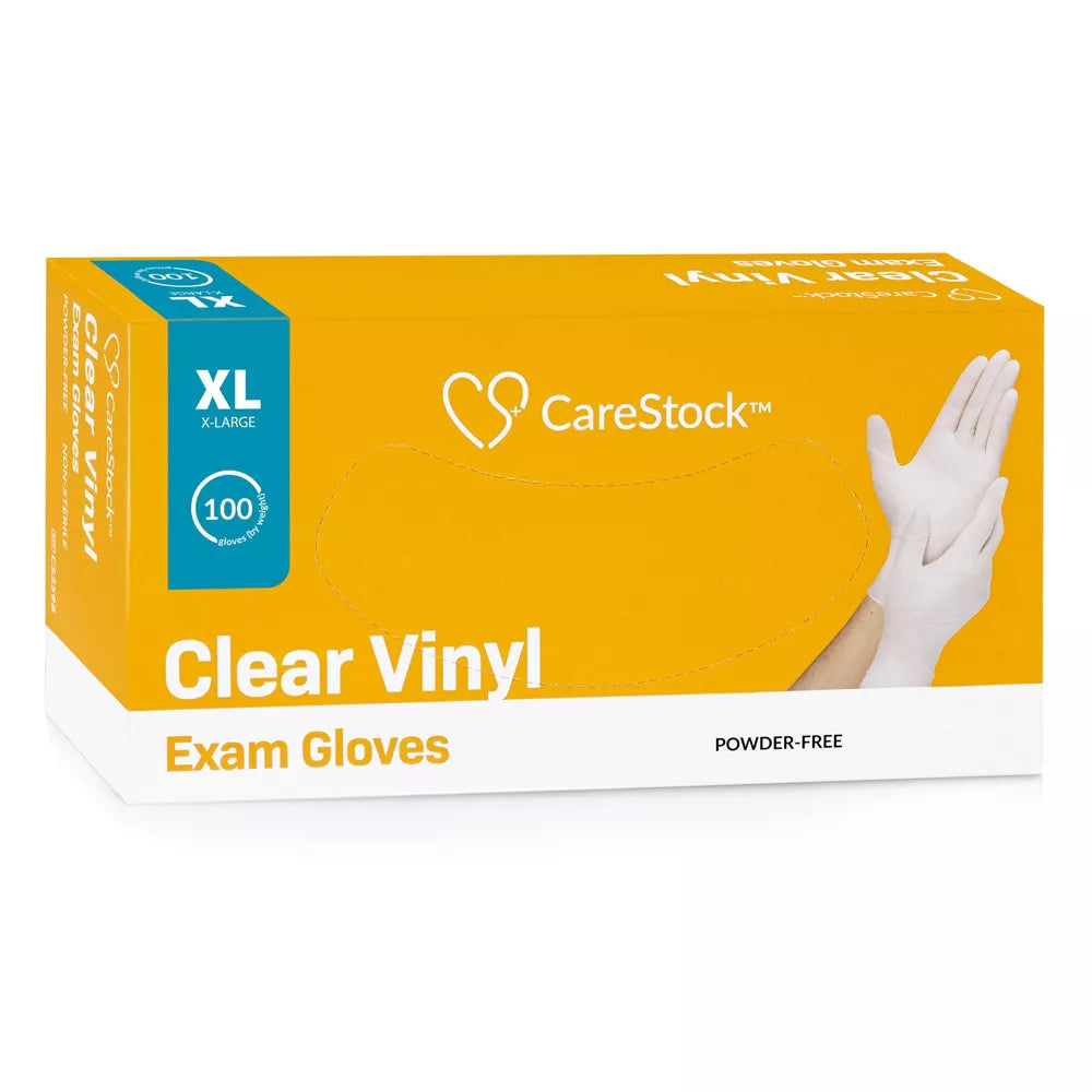 **CareStock Vinyl Exam Gloves - Ultra Strong, Slip-Resistant Textured Grip - Disposable Powder-Free Medical Gloves (Clear) - Ideal for Healthcare, Food Handling & Cleaning**