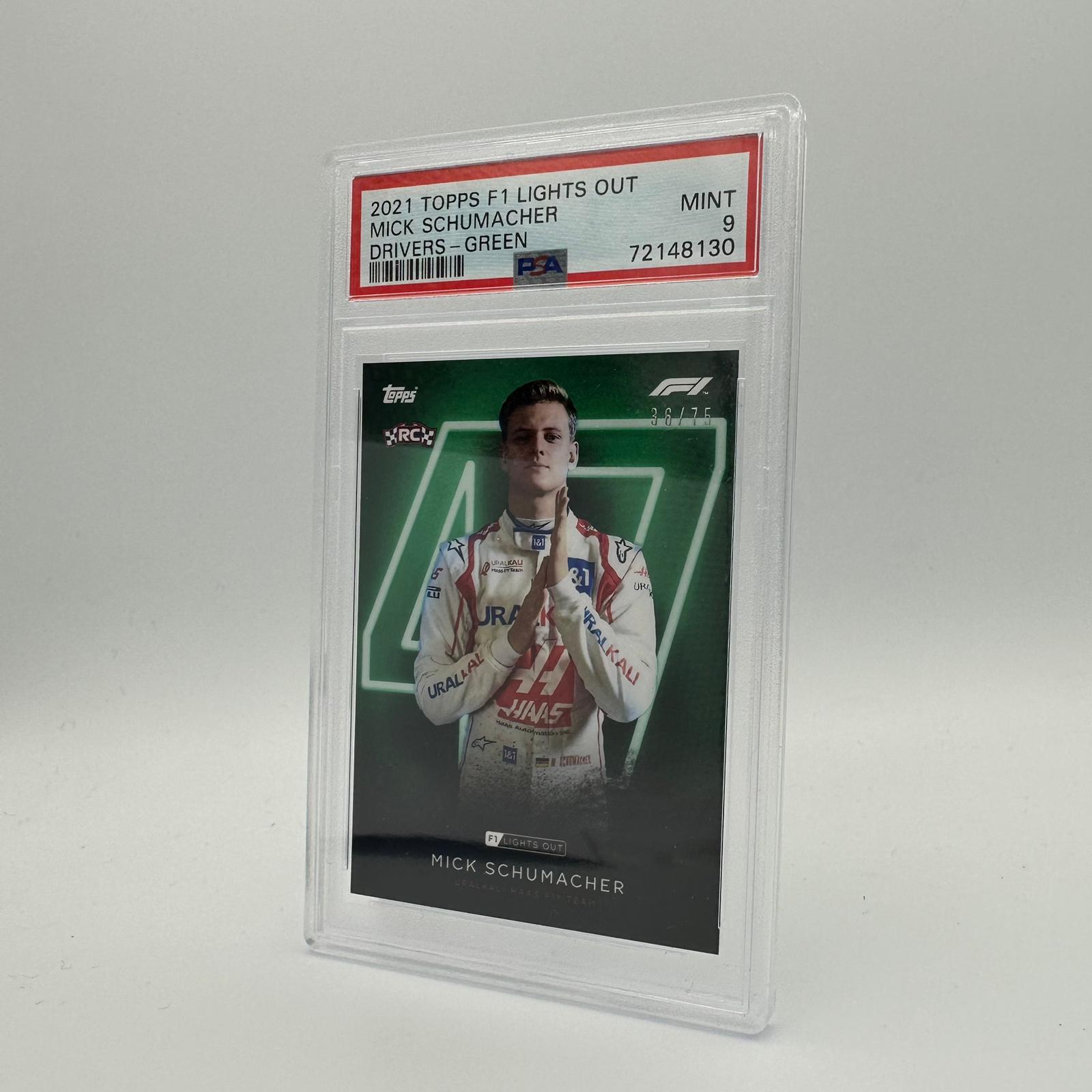 PSA 9 Graded 36/75 Mick Schumacher Green Parallel Racing Card - Perfect for F1 Collectors, Sports Memorabilia Displays, and Investment Portfolios