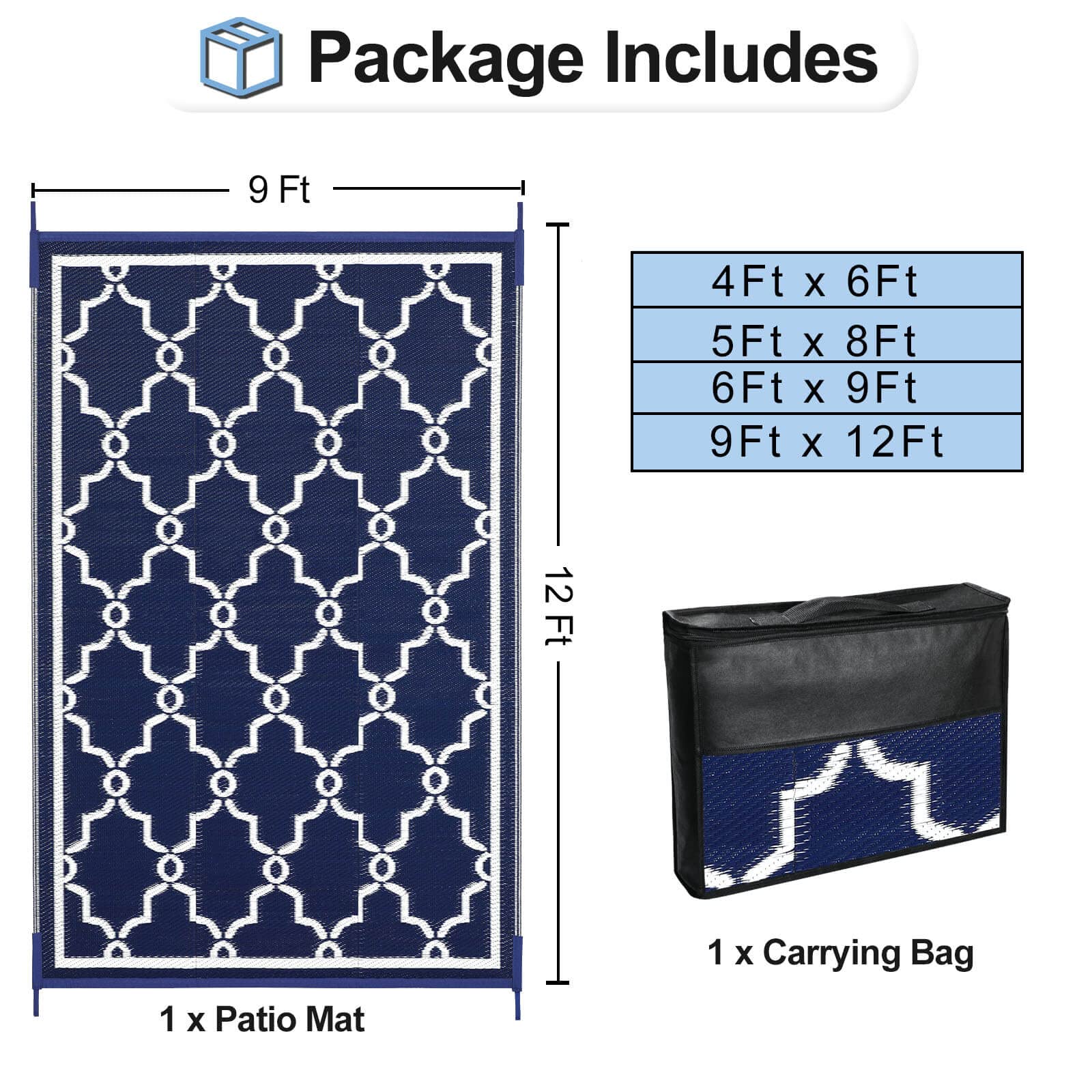Outdoor Reversible Rug 9x12 ft - Waterproof Plastic Patio Carpet, UV & Stain Resistant RV Mat, Straw Weave Moroccan Navy & White - Perfect for Camping, Backyard, Deck, Picnic, Porch, RV & Outdoor Decor