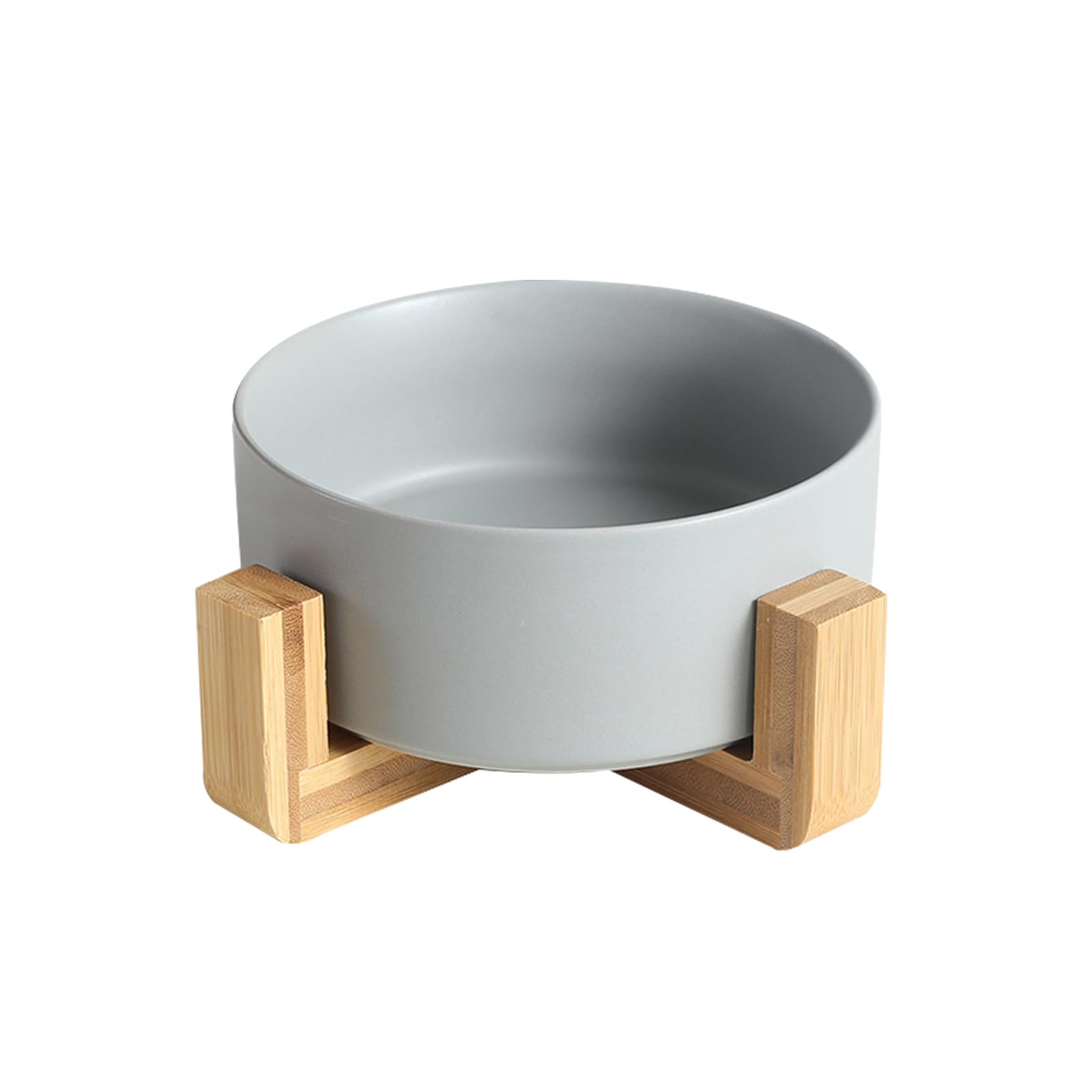 Elevated Ceramic Pet Bowl Set with Wood Stand - 28OZ Round Dog & Cat Food Water Dish, Durable Weighted Ceramic Feeder for Small Medium Pets, Modern Grey Pet Bowl for Home Kitchen Dining Room Use