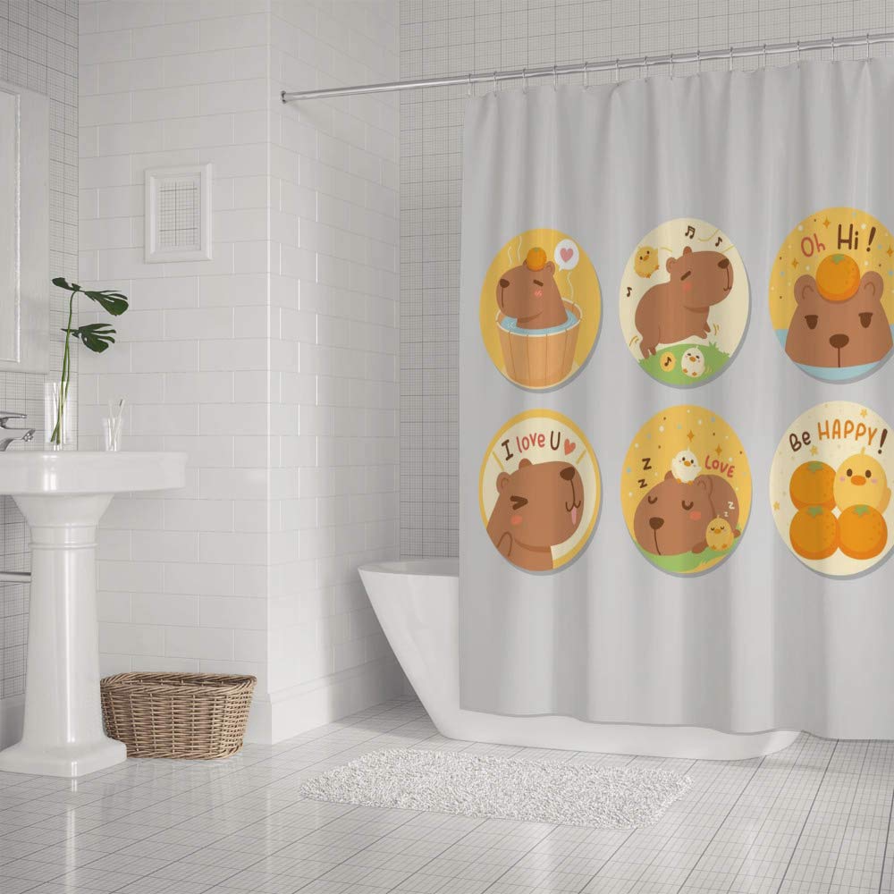 Waterproof Polyester Shower Curtain with 12 Hooks - Cute Happy Capybara Design, 72x72 Inch, Machine Washable & Durable Bathroom Decor for Kids and Adults - Perfect for Modern Bathrooms, Guest Rooms, and Dormitories