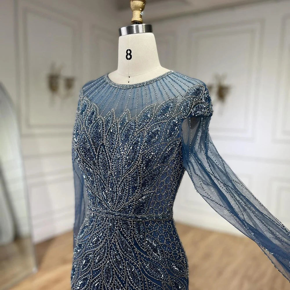 Serene Hill Muslim Blue Mermaid Luxury Beaded Dubai Long Evening Dresses for Women - Elegant Wedding Party Gowns 2025 LA71999L | Perfect for Formal Events, Red Carpet & Special Occasions