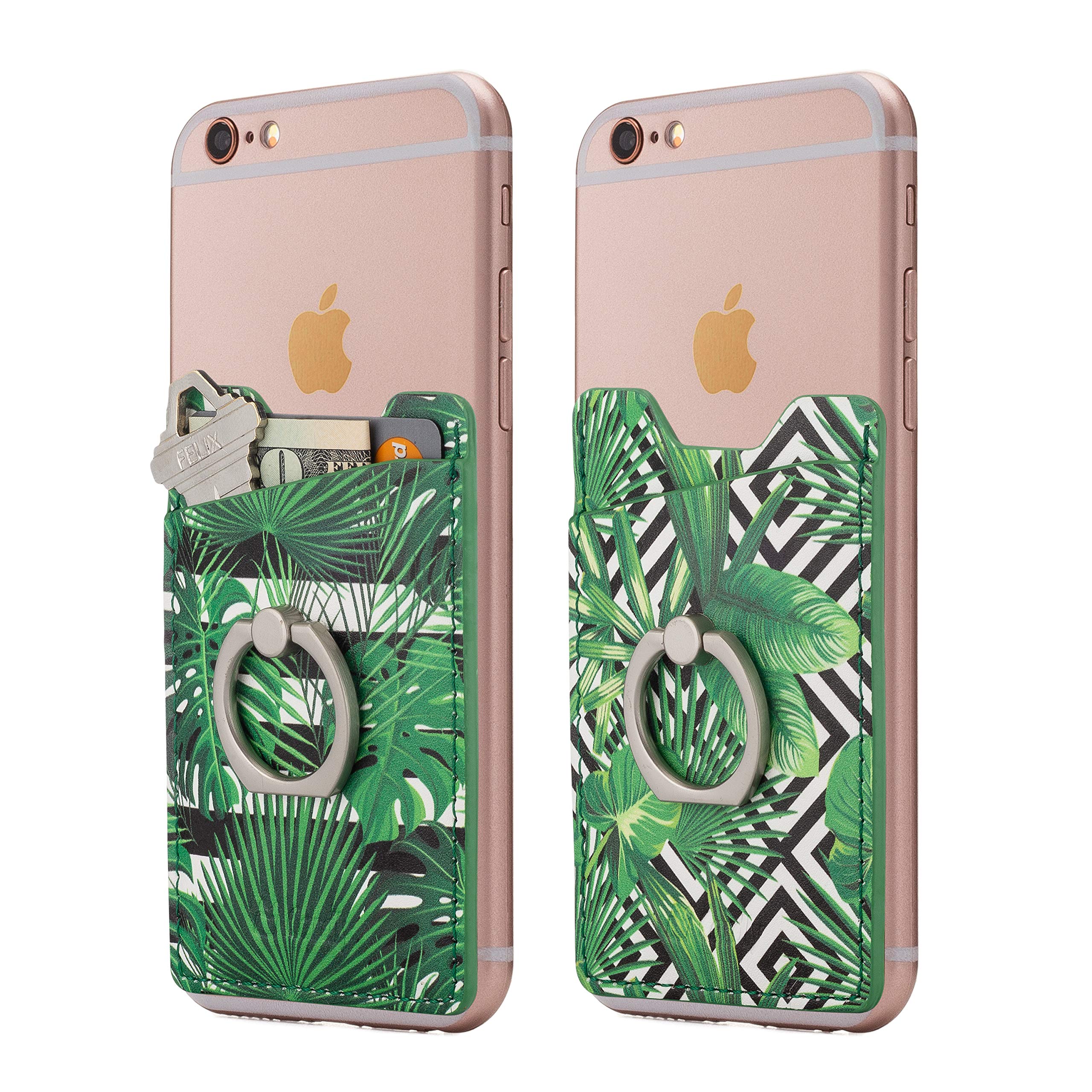 2-in-1 Finger Ring & Sticky Wallet Card Holder for iPhone Android Smartphones - Leaf Pattern Design - Perfect for Hands-Free Phone Use While Shopping, Driving or Traveling