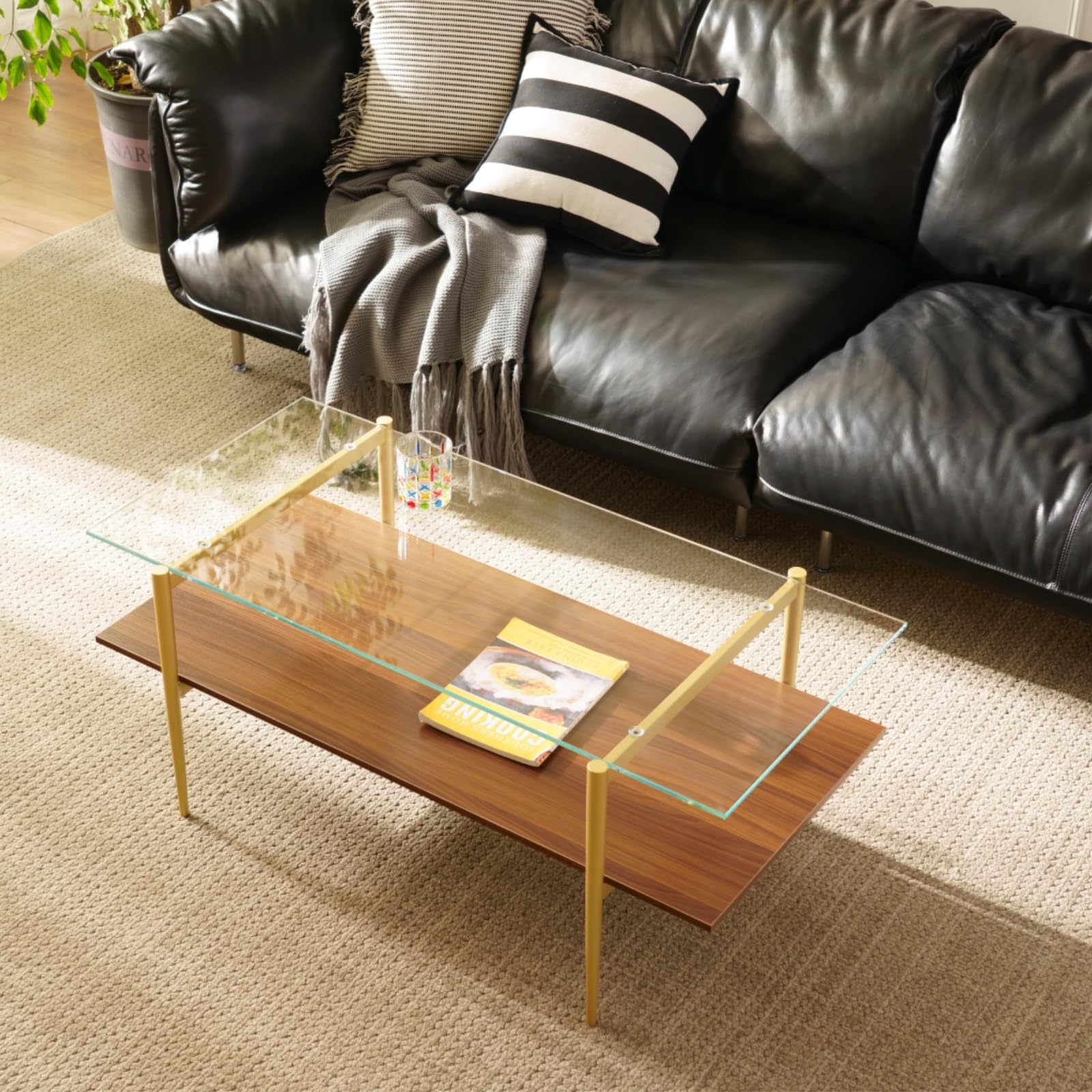 Saint Mossi Tadio Modern Glass Coffee Table - Clear Double Layer Design with Coffee Brown Bottom Shelf for Living Room | Perfect for Lounge, Family Gatherings & Home Decor