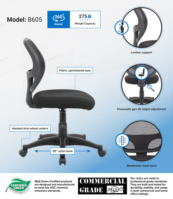 Boss Commercial Grade Mesh Task Chair with T-Arms - Ergonomic Office Chair for Home & Business Use - Perfect for Long Hours of Work or Gaming