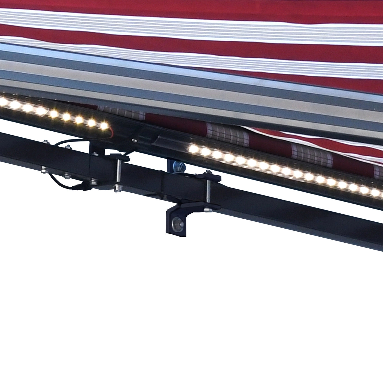 Aleko 20x10 Feet Half Cassette Motorized Retractable LED Patio Awning - Multi Striped Red Design for Outdoor Shade & Luxury Backyard Relaxation