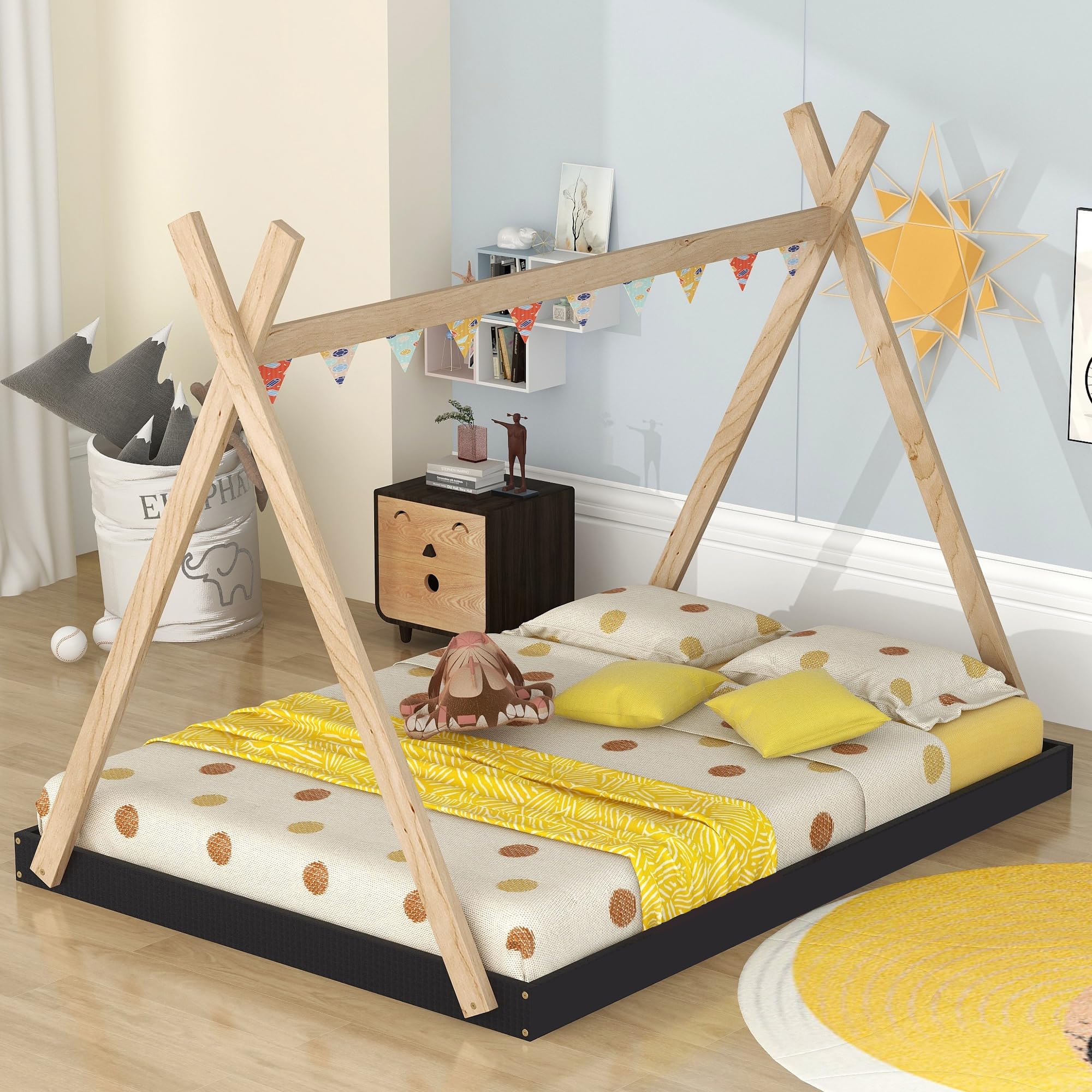 Bellemave Full Size Tent Floor Bed Frame with Sturdy Triangle Structure - Montessori Teepee Platform Bed for Kids, Girls & Boys (Full Size, Black & Brown) - Perfect for Playrooms, Bedrooms & Montessori Learning Spaces