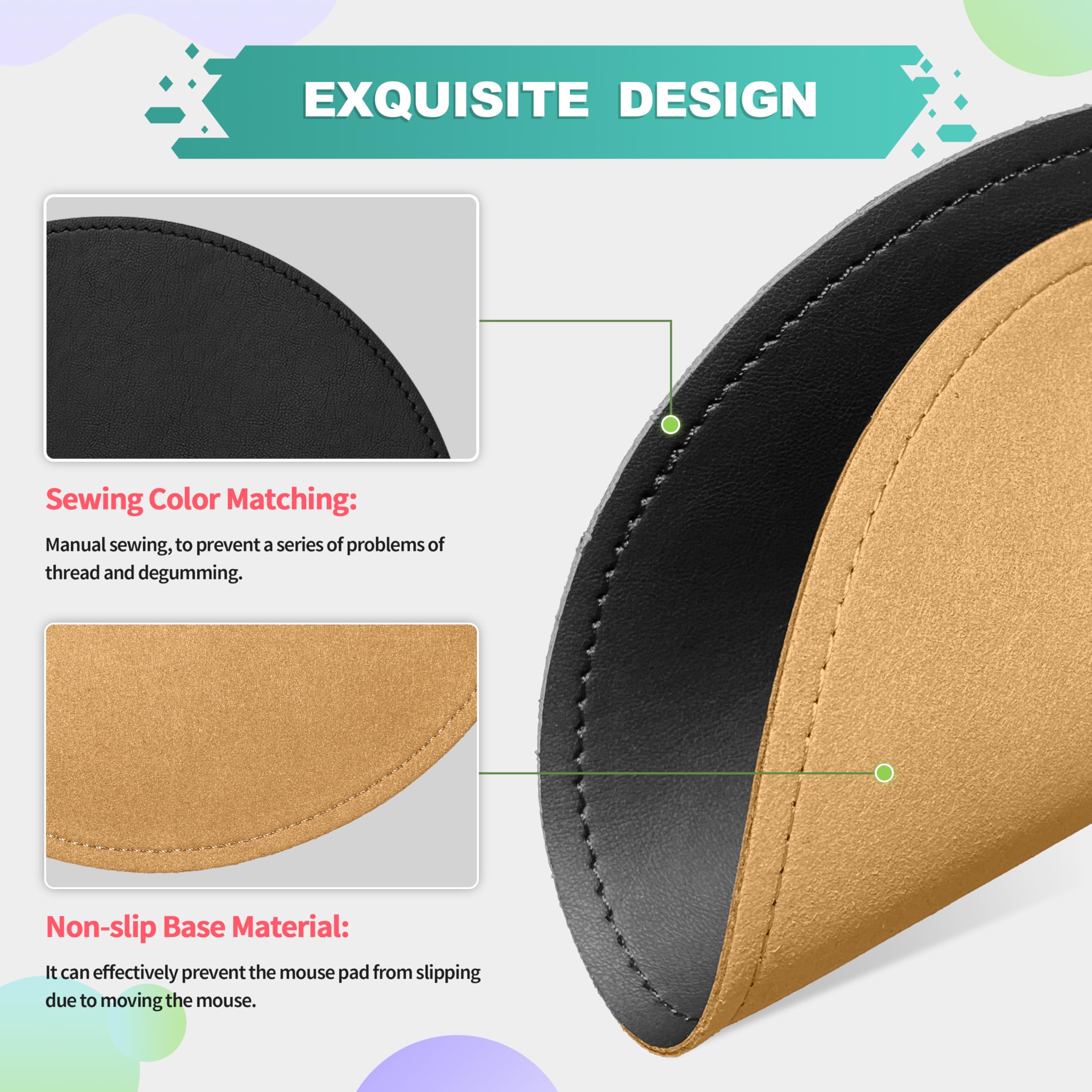 Premium Round PU Leather Mouse Pad with Stitched Edge & Non-Slip Micro-Fiber Base - Waterproof Desk Mat for Computer, Laptop, Gaming (9x9 Inch, Black) - Perfect for Office, Home & Gaming Setups