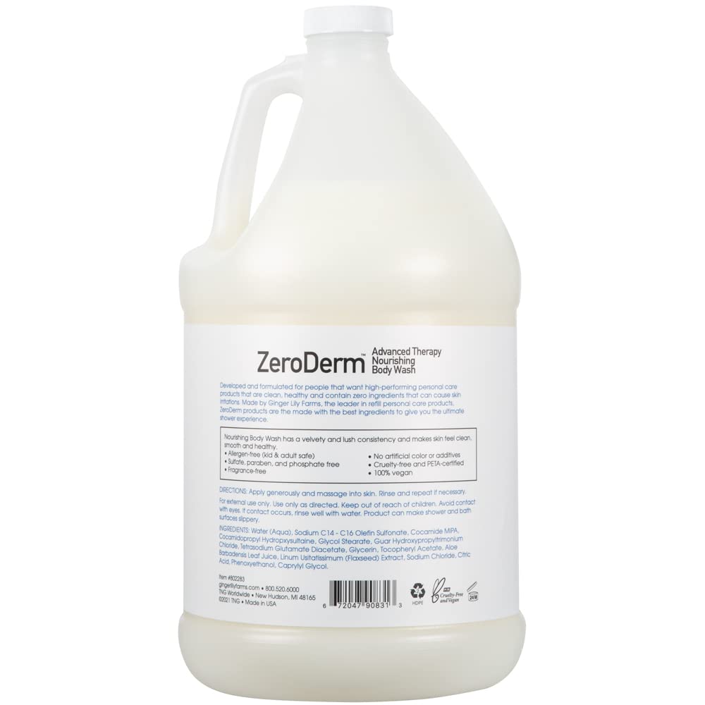 Ginger Lily Farms ZeroDerm Advanced Therapy Nourishing Body Wash - 100% Vegan, Cruelty-Free & Fragrance Free - 1 Gallon Refill (Pack of 4) for Sensitive Skin & Eczema Relief - Ideal for Daily Use, Spas & Healthcare Facilities