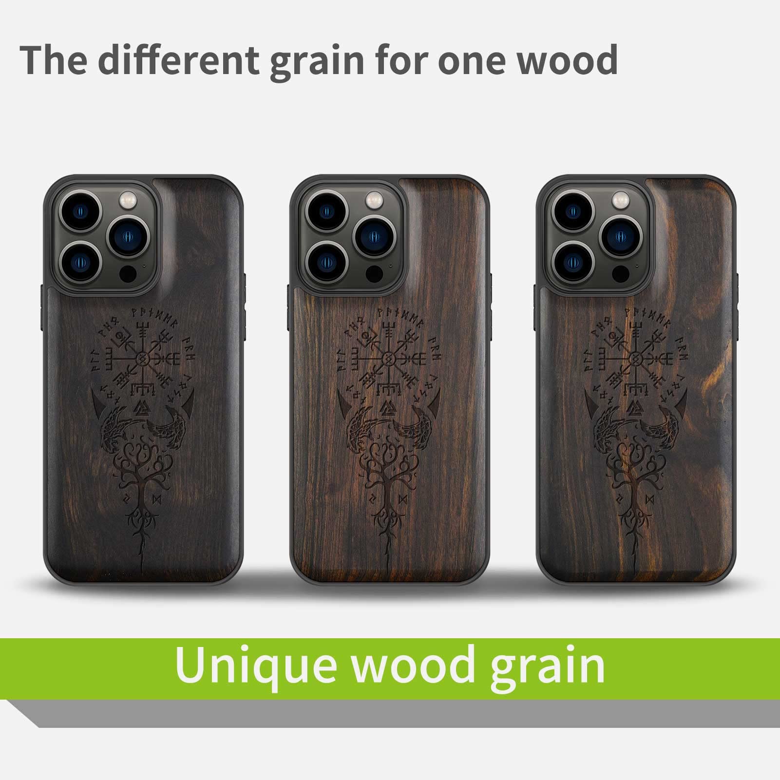 Carveit Magnetic Wooden Case for iPhone 13 Pro - Natural Wood & Soft TPU Shockproof Protective Cover - MagSafe Compatible Viking Compass Design (Blackwood) - Perfect for Outdoor Adventures & Business Meetings