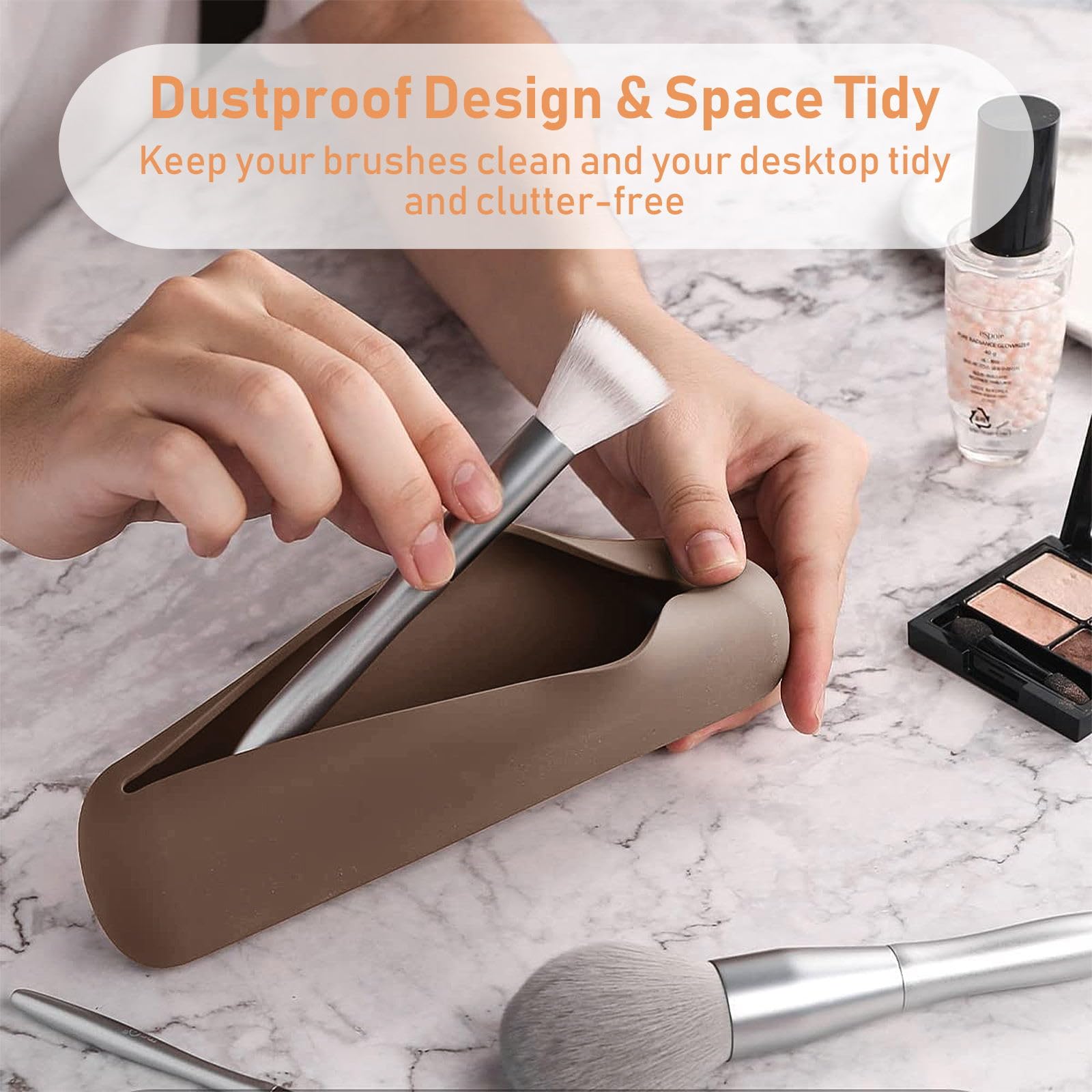 Travel Makeup Brush Holder - Silicone Waterproof Makeup Brush Bag for All Brushes | Soft & Durable Travel-Size Toiletries Organizer (Khaki) | Perfect for Vacation, Gym & On-the-Go Beauty