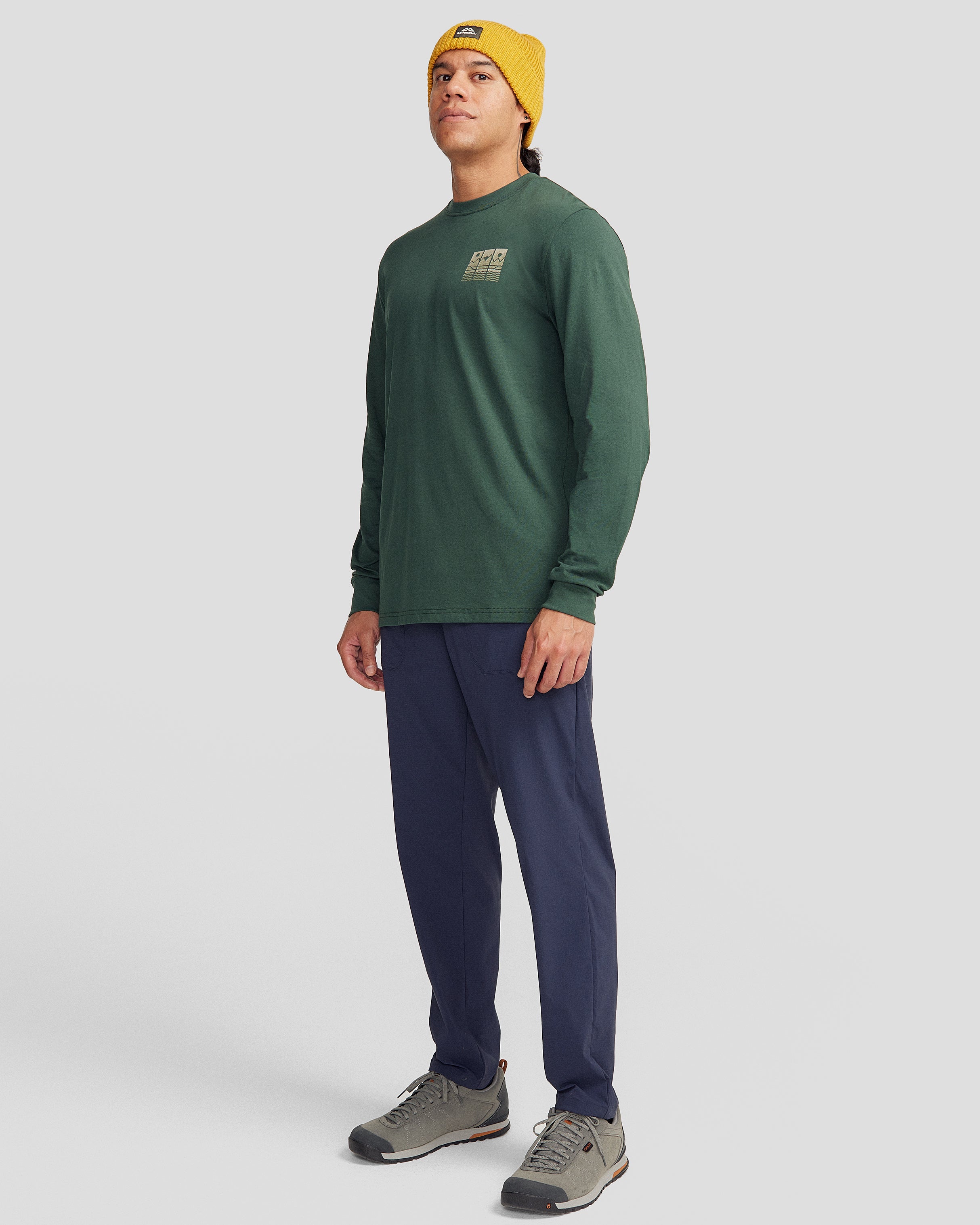 Men's Organic Cotton Long Sleeve T-Shirt - Mountain Triptych Design - Deep Forest Green - Hiking & Outdoor Adventure Wear