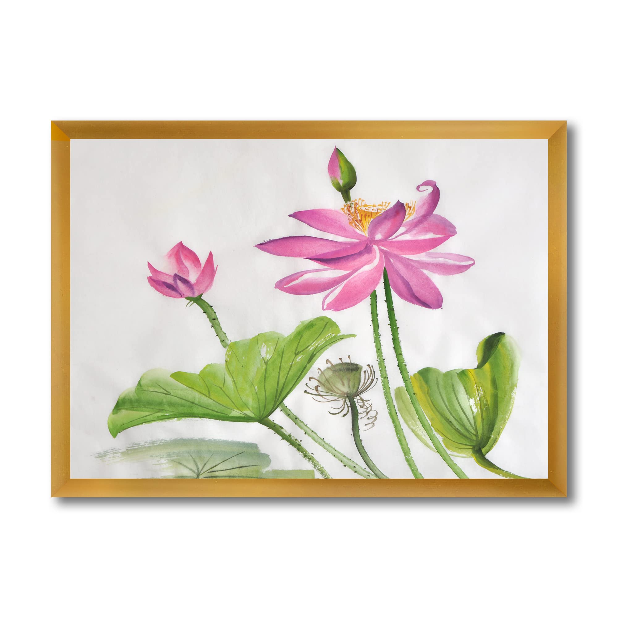 DesignQ Traditional Framed Wall Art - Two Pink Lotus Flowers Painting for Living Room, Bedroom & Office Decor