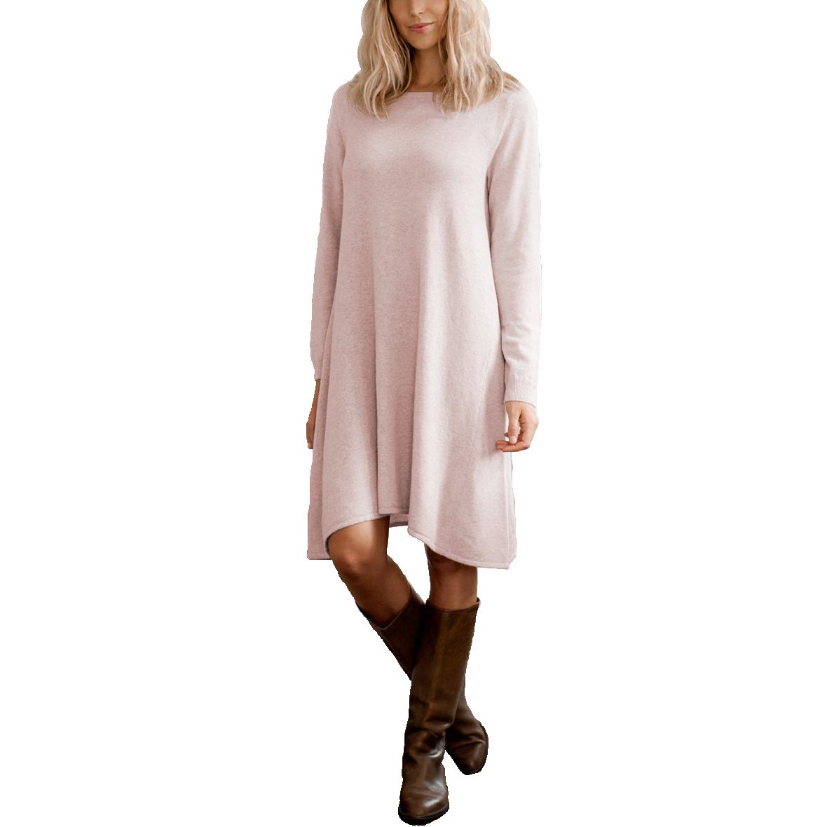 Parisbonbon Women's 100% Cashmere Crew Neck Sweater Dress - Soft & Warm Winter Pullover, Doll Pink, Size L - Perfect for Office, Date Night & Holiday Outfits