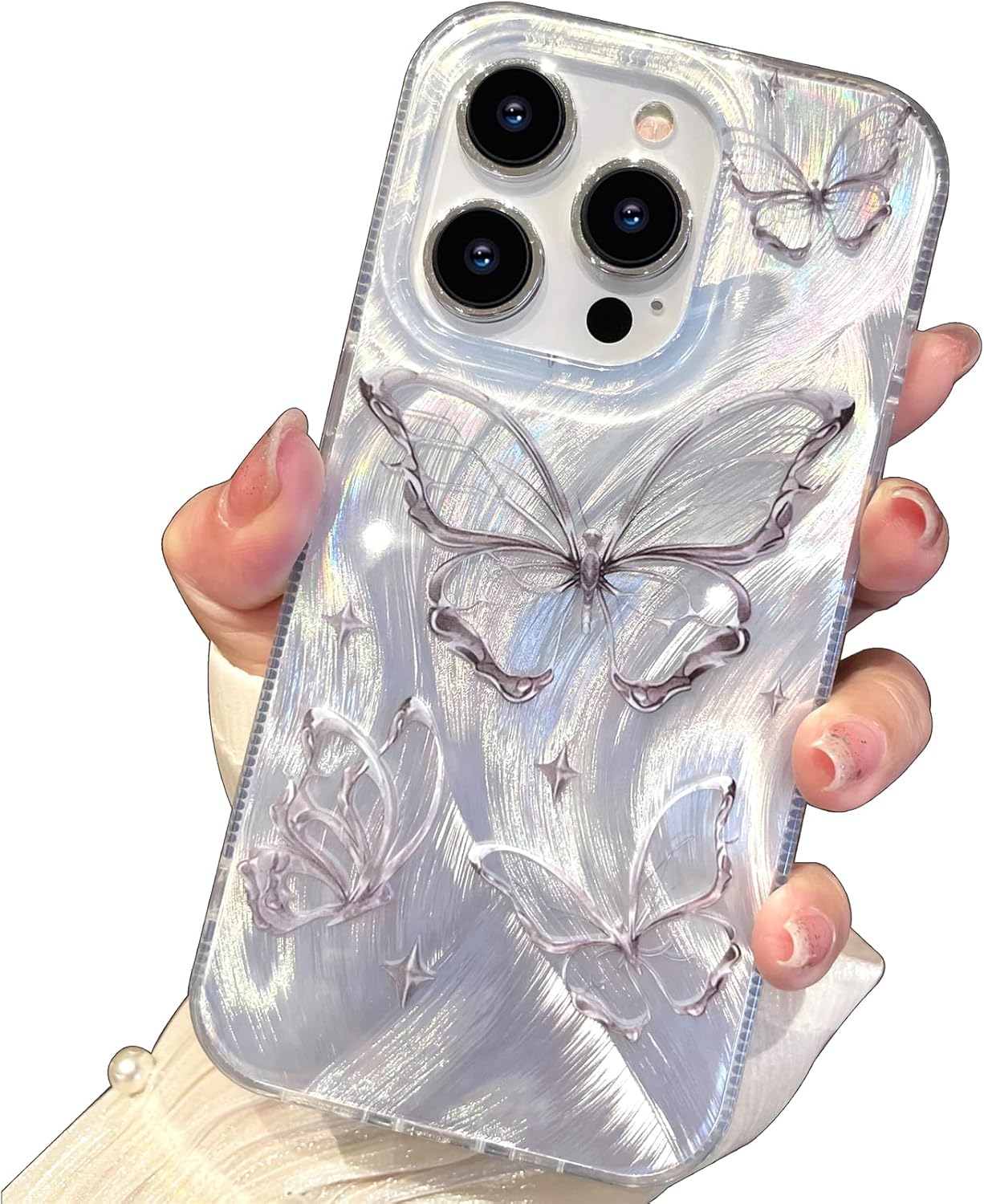 Shiny Silver Butterfly iPhone 16 Case - Trendy Cute Slim TPU Shockproof Protective Cover for Women Girls | Perfect for Everyday Use, School, Work & Travel