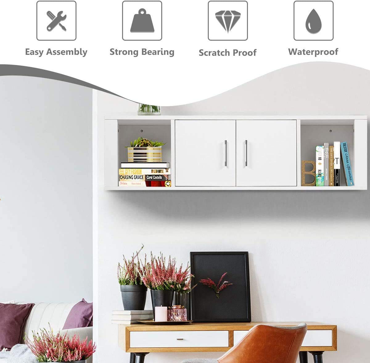 Giantex Wall Mounted Storage Cabinet with Floating Computer Desk & Shelves - Space Saving Furniture for Living Room, Bedroom, Office, TV Media Console - Perfect for Small Spaces & Home Organization