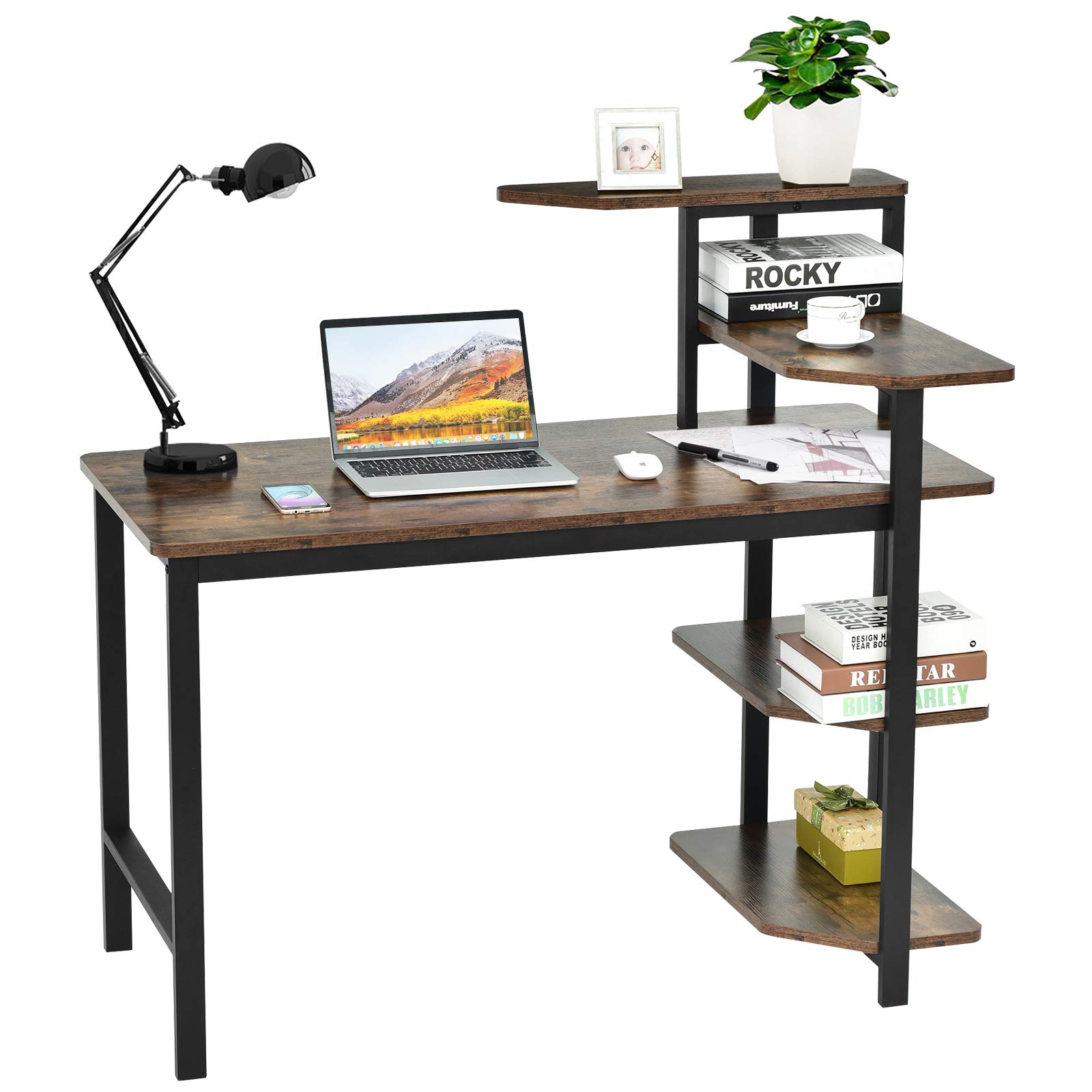 Tangkula 48 Inch Industrial Computer Desk with 4-Tier Storage Shelves - Sturdy Wooden Writing Study Table with Bookshelf, Spacious Work Surface & Metal Frame - Perfect for Home Office, Gaming Setup, and Remote Workstation
