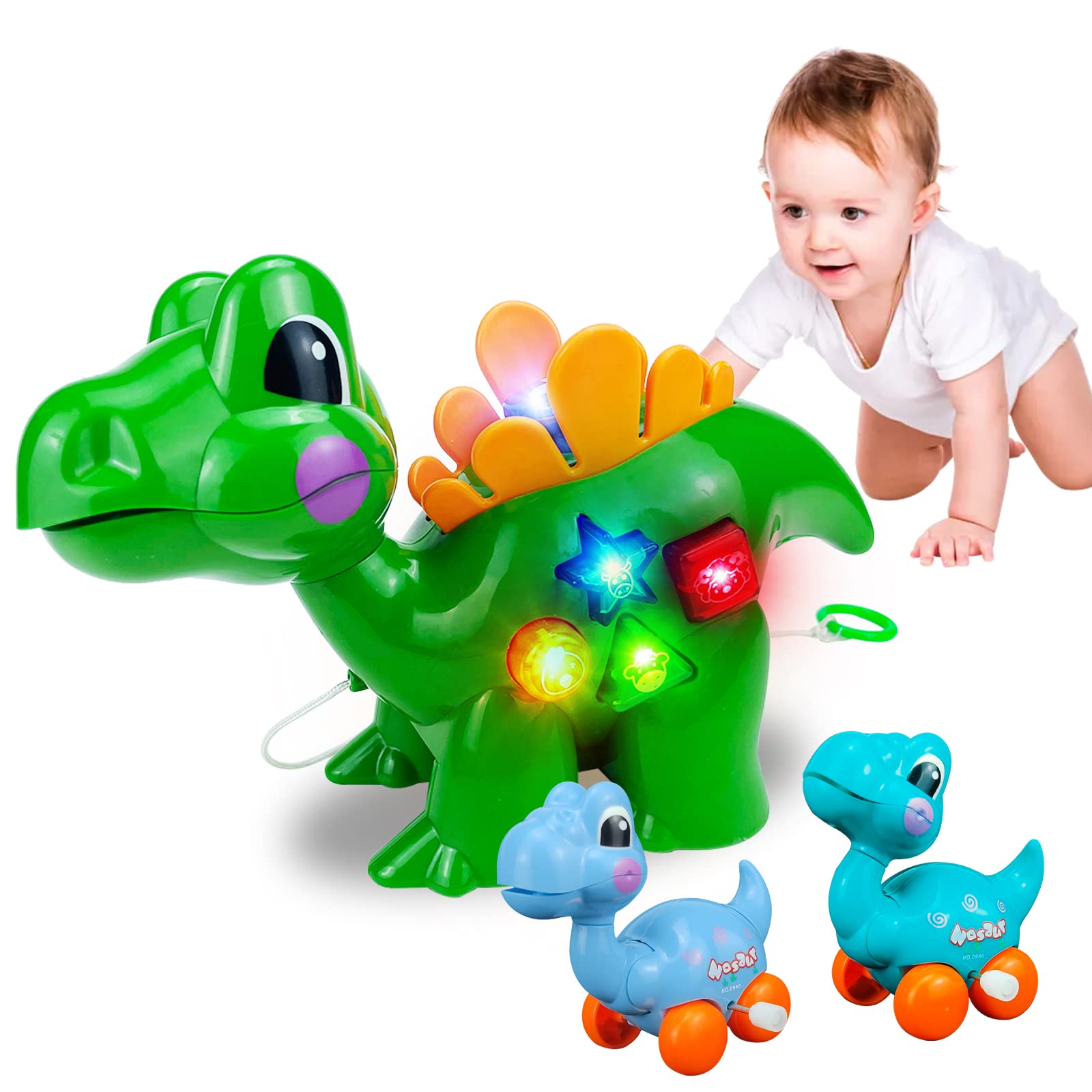 Dinosaur Pull Toys for Toddlers 1-3 Years Old - 3 Pack Light Up & Sound Baby Crawling Dinosaur Toys for Boys & Girls - Early Learning Educational Drag Toys - Perfect for Birthday Gifts & Preschool Playtime