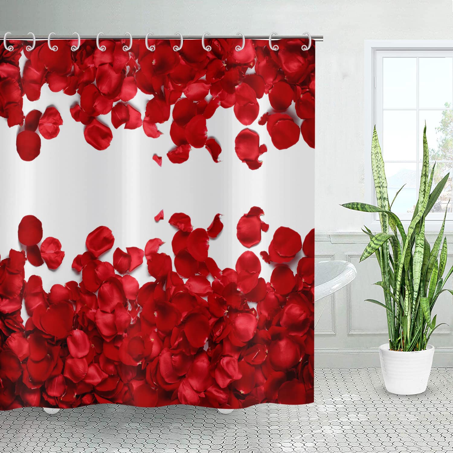 Valentine's Day Rose Shower Curtain - Waterproof Floral Bathroom Decor with Hooks, 72x72 Inch - Romantic Red Rose Design for Couples Gift & Master Bathroom Upgrade