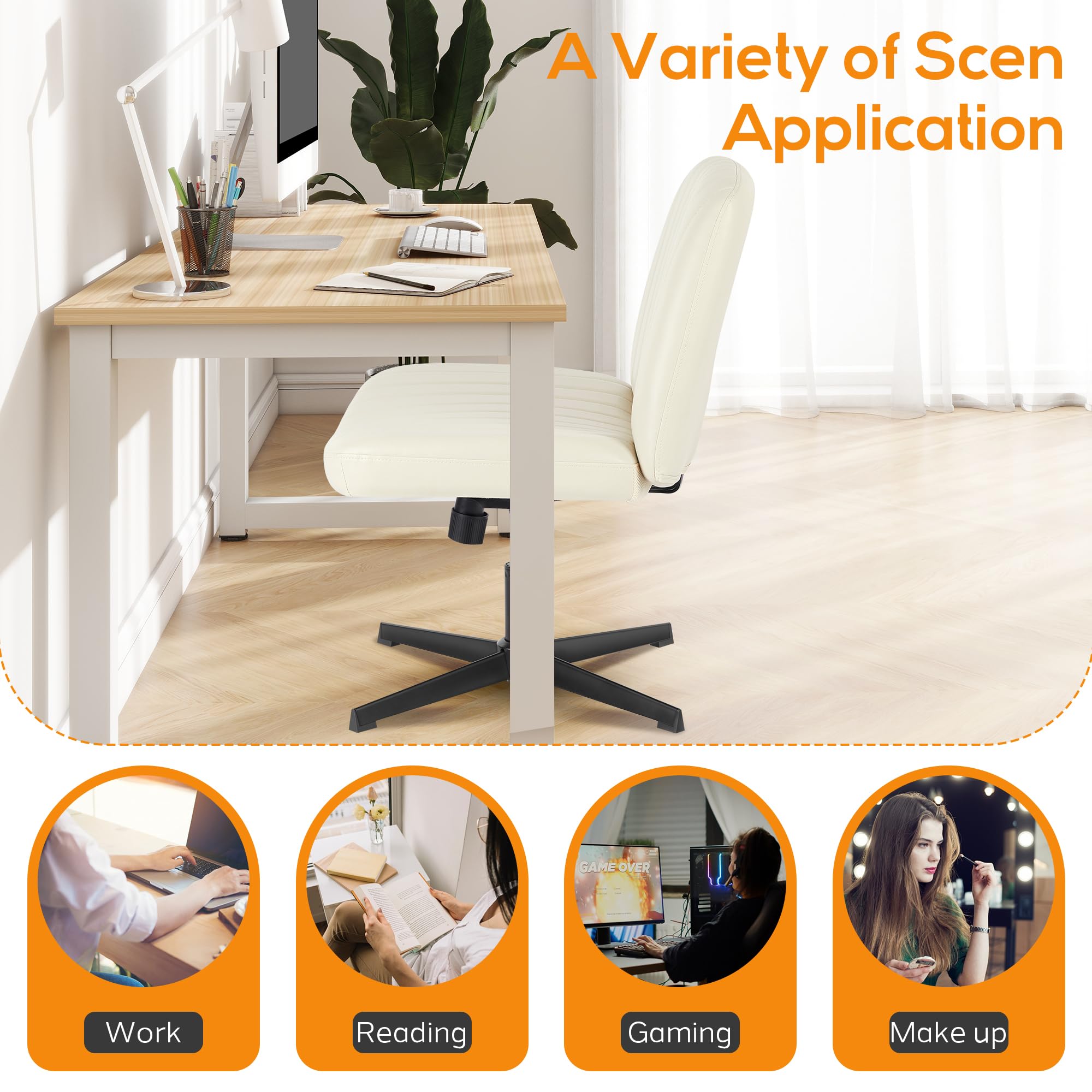 DUMOS Criss Cross Chair Leg Office Chair - Wide Comfortable Desk Seat, No Wheels Armless Computer Task Chair, Swivel Vanity Chair - Adjustable Height for Home & Office Workspace