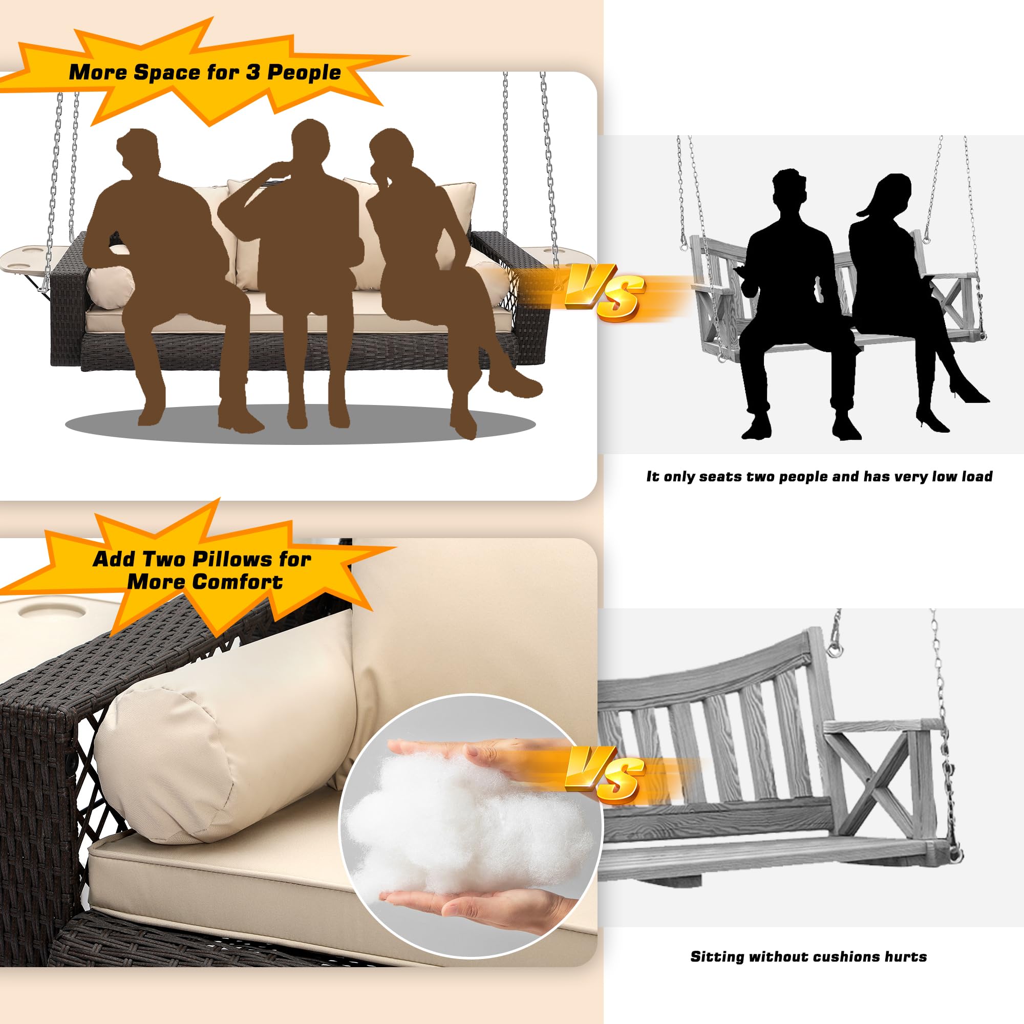 Grepatio 3-Person Wicker Porch Swing Chair - Outdoor Rattan Hanging Swing Bench with Cushion & Pillow - Brown Rattan with Khaki Cushion - Perfect for Garden, Yard, Lawn, Patio & Backyard Relaxation