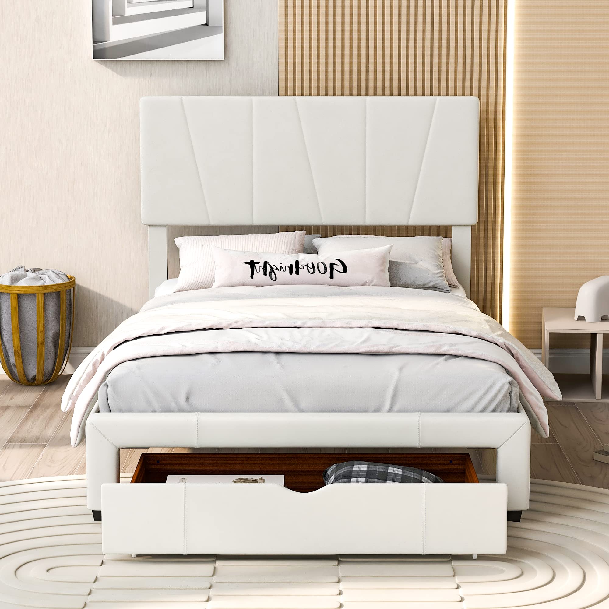 SOFTSEA Full Size Upholstered Bed Frame with Storage Drawer, Velvet Platform Bed with Adjustable Headboard - Modern Bedroom Furniture for Small Spaces & Guest Rooms
