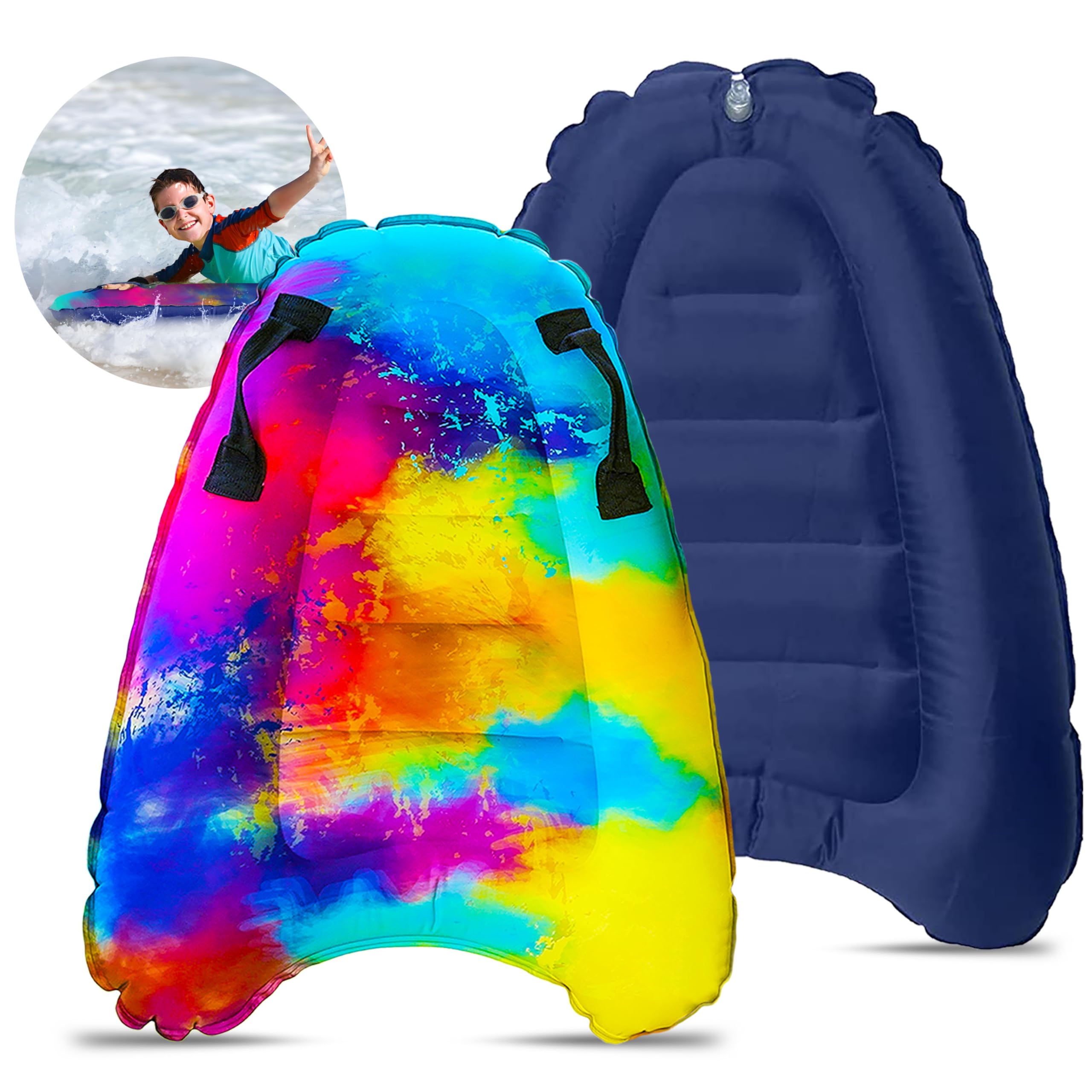 JAMBO Inflatable Body Board with Handles - Lightweight Boogie Board for Surfing, Swimming & Floating - Perfect Beach & Pool Toy for Kids - Great for Ocean Waves, Pool Parties & Summer Water Fun
