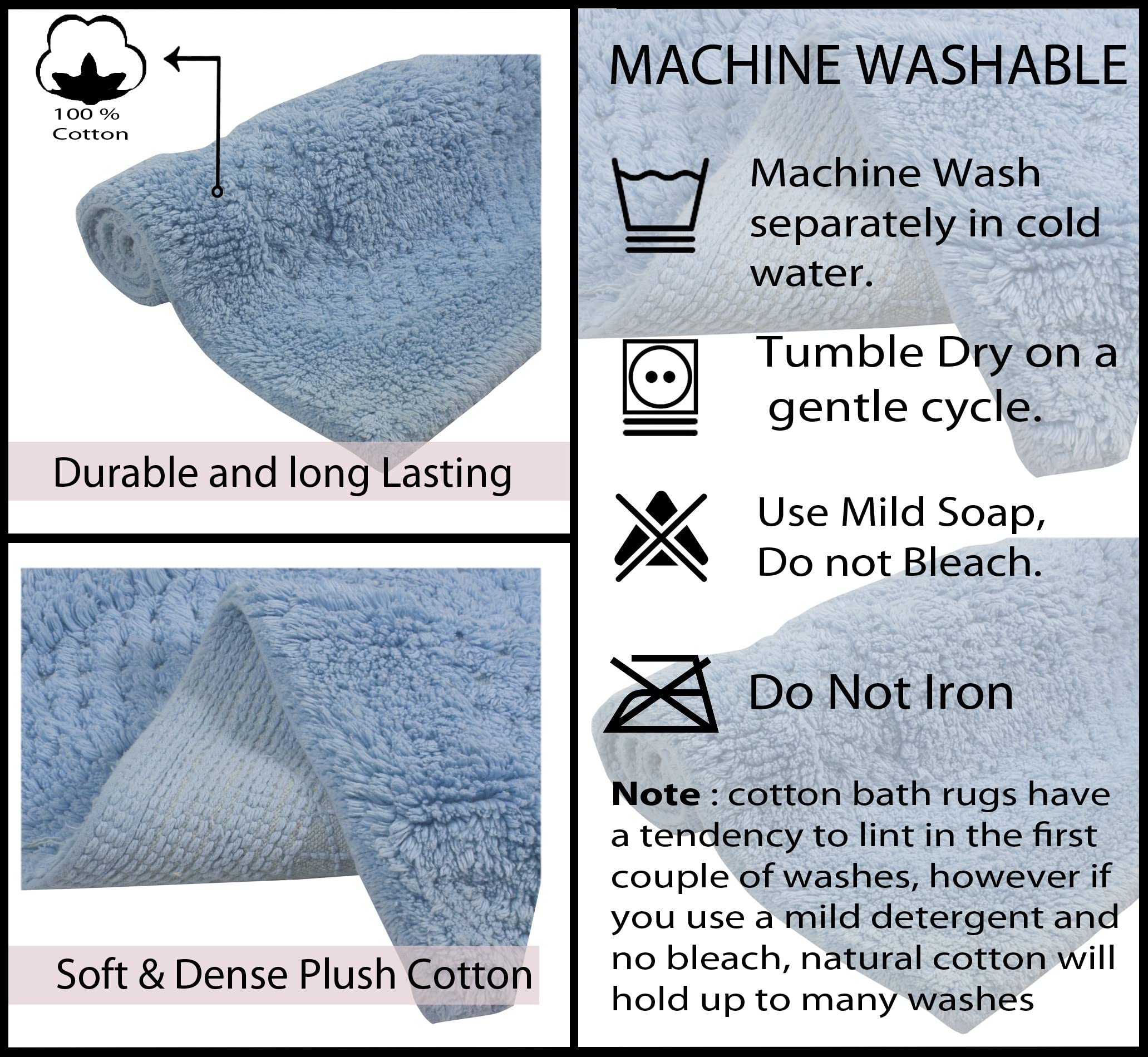 Premium 100% Cotton Bathroom Rugs Set - Ultra Soft & Absorbent Non-Slip Bath Mat, Washable Contour Bathroom Floor Mat & Kitchen Rug (3-Piece Set, Blue) - Perfect for Bathroom Safety & Cozy Home Decor
