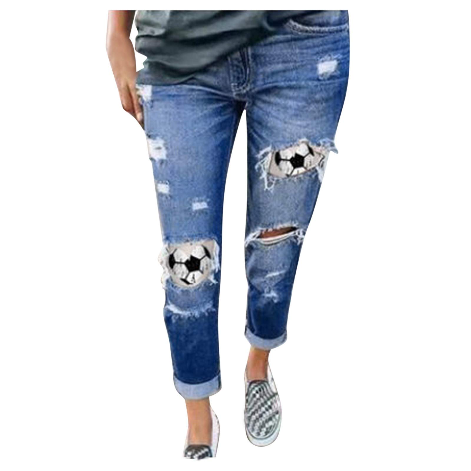 ZLBDYG Distressed Football Print Plus Size Women's Jeans - High Waisted Ripped Denim Pants with Star Design (Size 32) | Casual Streetwear & Retro Fashion Outfit