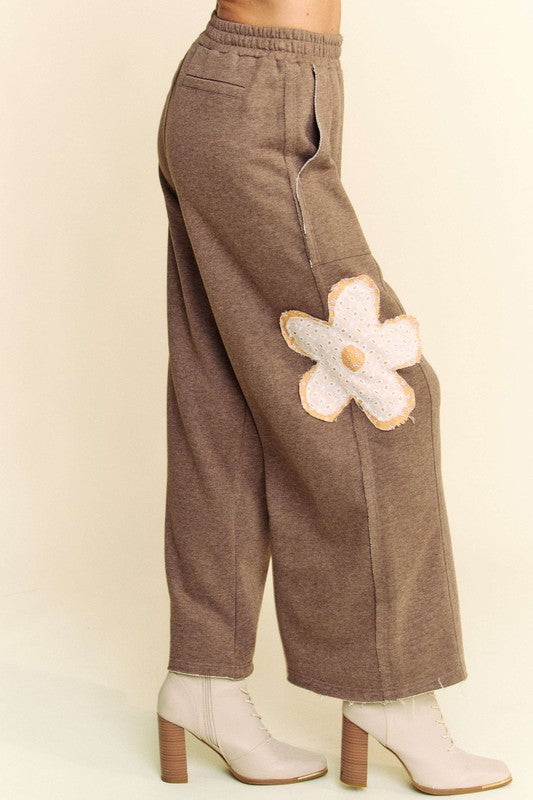 Flower Patch Elastic Waist Wide Leg Boho Beach Pants for Women - Comfortable Summer Vacation, Yoga, Lounge & Casual Wear