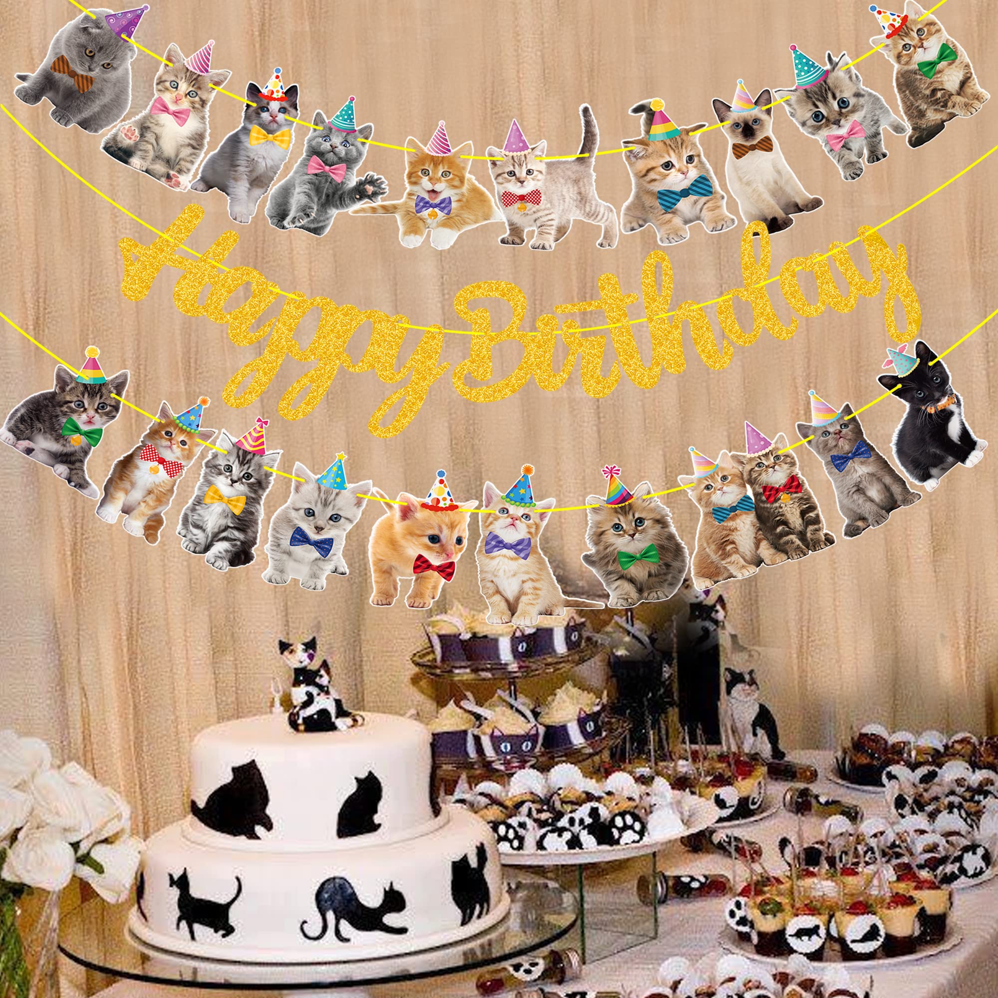 Gold Glitter Happy Birthday Banner for Cat & Kitten Theme Party Decorations - Pet Birthday Party Supplies for Indoor & Outdoor Celebrations