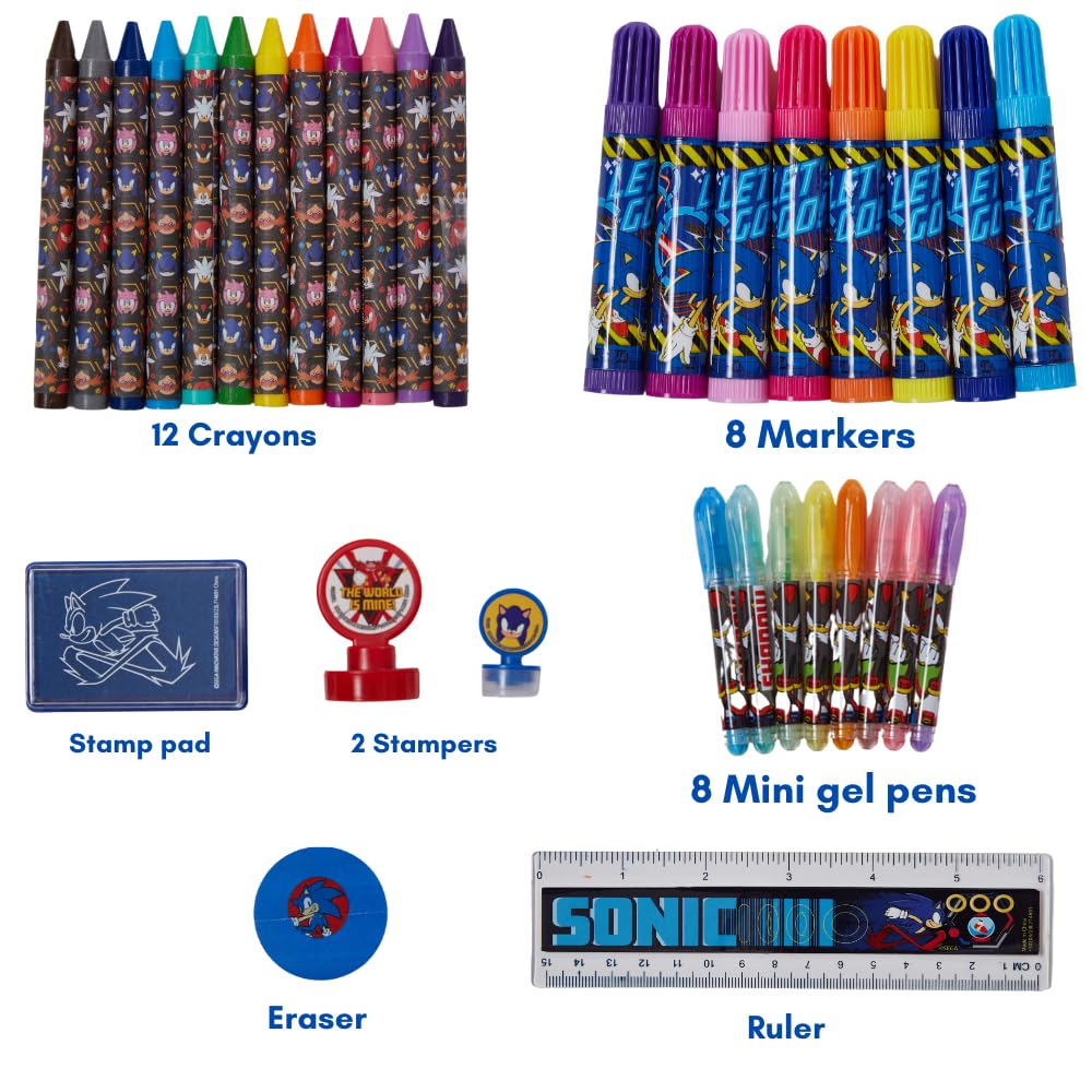 Sonic The Hedgehog Deluxe Kids Activity Set - 200+ Pieces with Carrying Tin, Coloring Pages, Stickers & Art Supplies | Creative Play, Travel Toys & Birthday Gifts for Boys & Girls