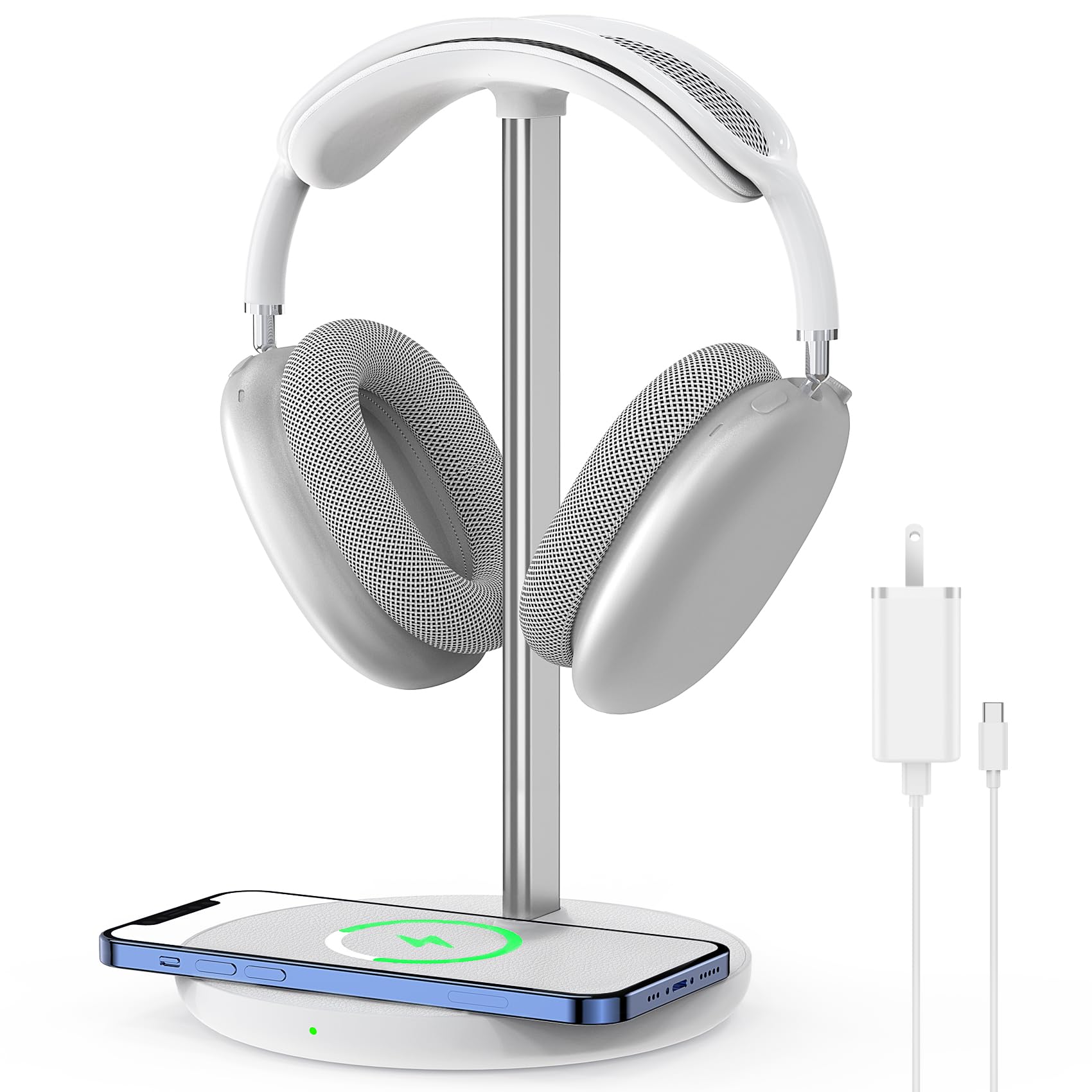 2-in-1 Wireless Charging Headphone Stand - Universal Gaming Headset Holder & Phone Charging Dock for iPhone 15/14/13/12/11, Samsung Galaxy, AirPods Pro/3/2 - Perfect Desk Organizer for Gamers & Office Workers (White)