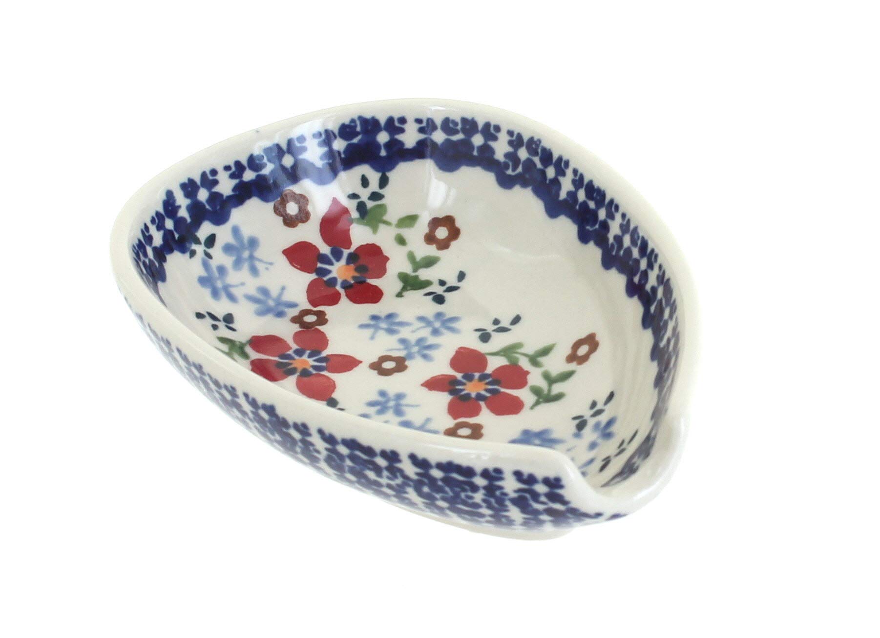 Handmade Blue Rose Polish Pottery Spoon Rest with Red Poppy Design - Small Ceramic Utensil Holder for Kitchen, Dining Table & Coffee Station Decor