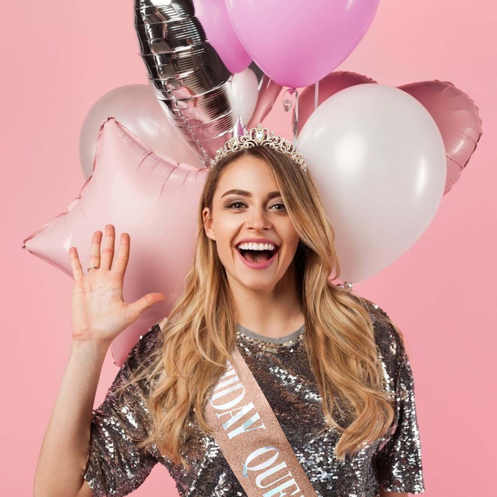 Rose Gold Birthday Crown & Tiara Set for Women - Queen Birthday Sash & Party Decorations | Perfect for Birthday Parties, Bridal Showers & Bachelorette Celebrations