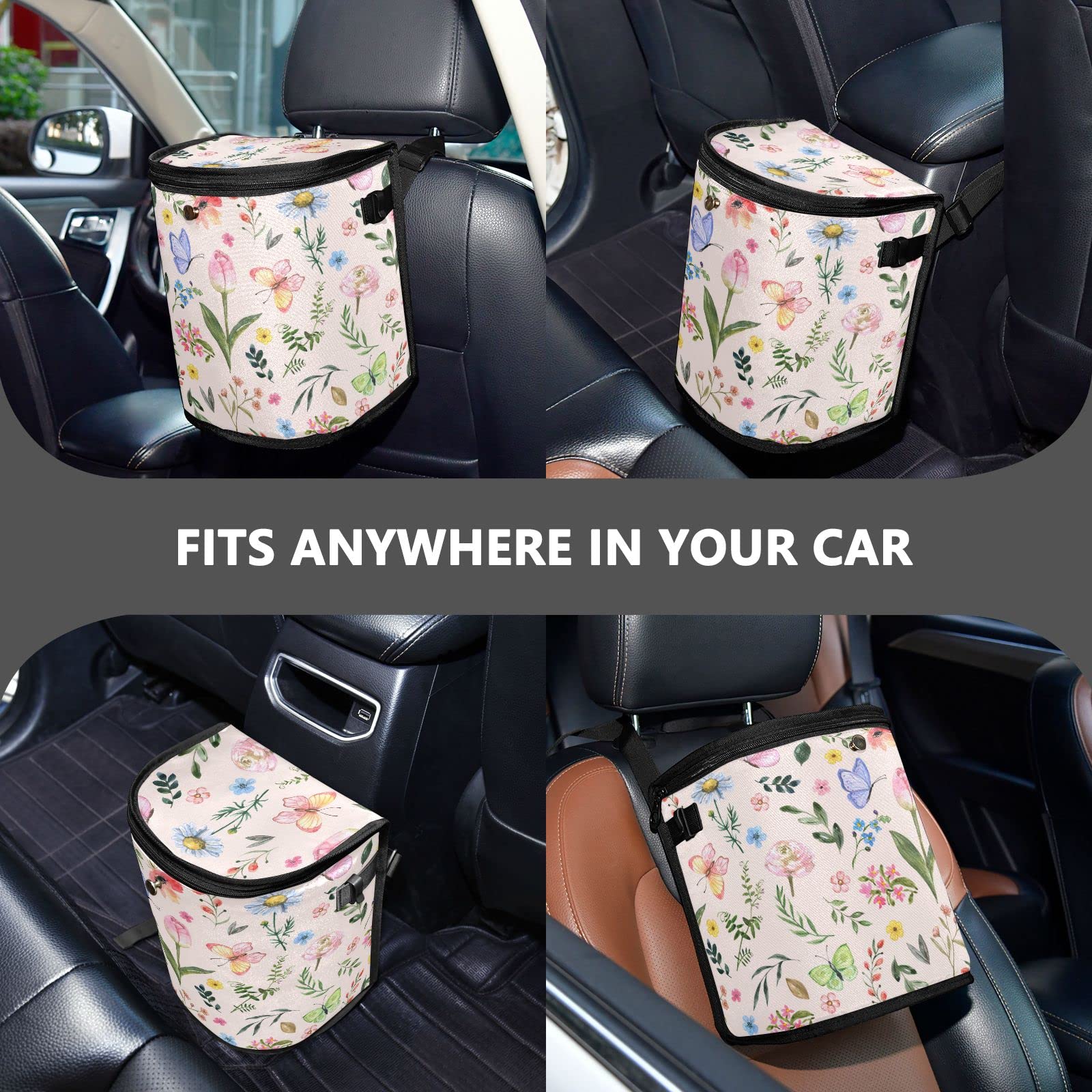 MNSRUU Leak-Proof Car Trash Can with Lid - Hanging Car Organizer for Front & Back Seat | Spring Wildflowers Design | Car Garbage Bin for Road Trips, Commuting & Family Travel