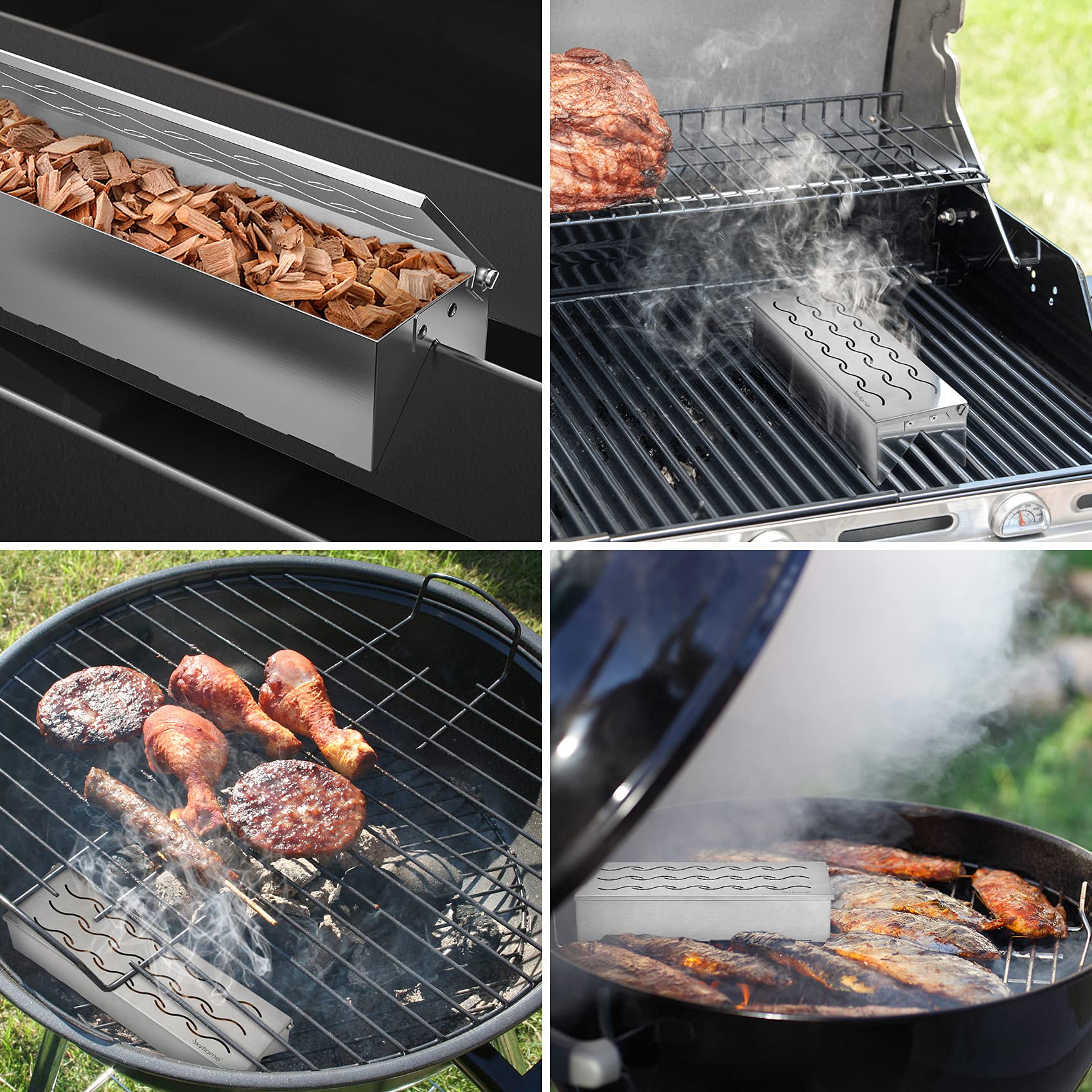 Skyflame Stainless Steel BBQ Smoker Box for Wood Chips - Universal Smoky Flavor Grill Accessories for Gas & Charcoal Grills, W-Shaped Design | Perfect for Backyard Barbecues, Camping Trips & Outdoor Cooking