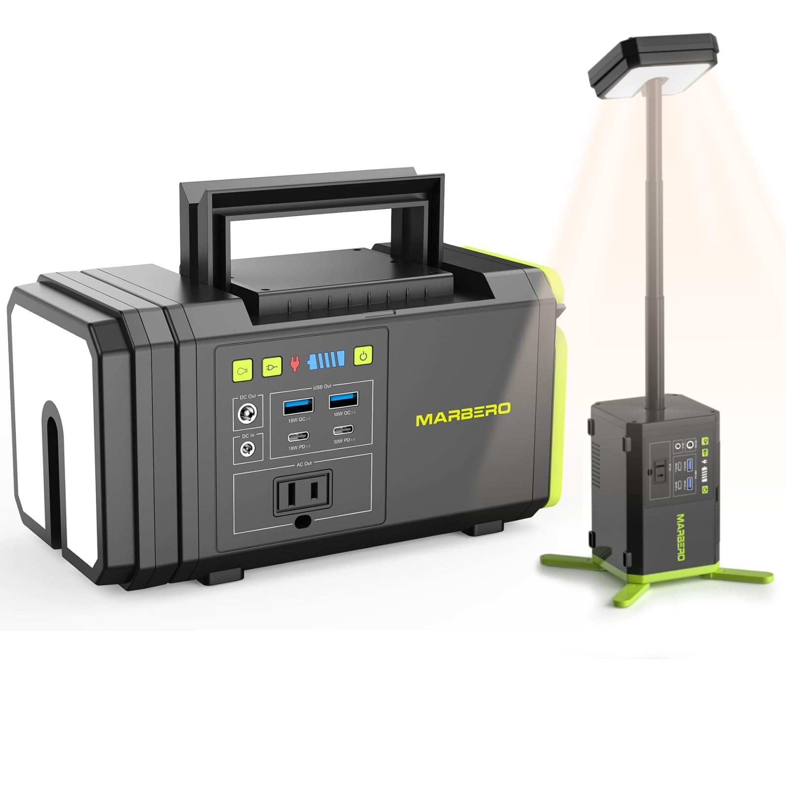 MARBERO 118Wh Portable Power Station with Telescopic Camping Light - 32000mAh Solar Generator, 160W Max Output with AC/USB/DC Ports for Camping, Hiking & Emergency Power Backup | Perfect for Outdoor Adventures, RV Trips & Power Outages
