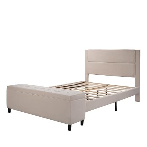 Queen Size Upholstered Storage Bed with Ottoman - Beige Platform Bed for Bedroom