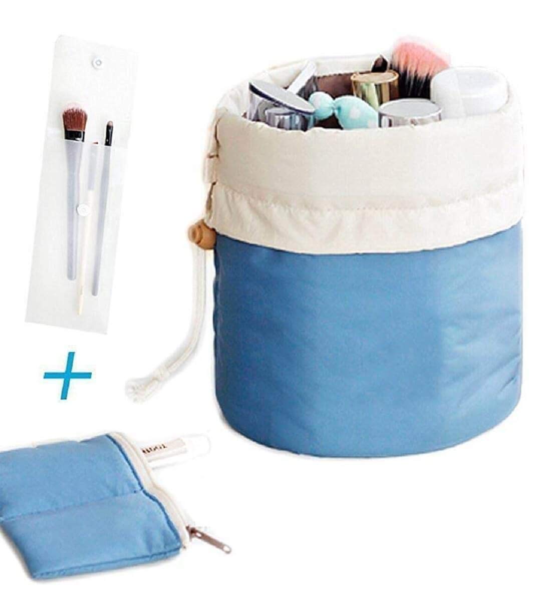 Awestuffs Large Barrel Shaped Travel Cosmetic Bag - Hanging Toiletry Organizer with Drawstring, Mini Zipper Jewelry Pocket & Clear PVC Pouch for Makeup Brushes (Blue) - Perfect for Travel, Camping, Gym & Daily Cosmetics Storage