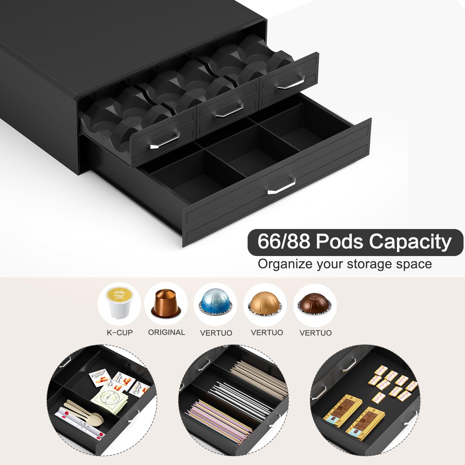SZQINJI K Cup Holder Drawer - 60/88 Pod Capacity Coffee Pod Organizer | Compatible with Keurig K Cups, Nespresso VertuoLine & OriginalLine | Space-Saving Black Coffee Storage for Kitchen Countertops & Office Break Rooms