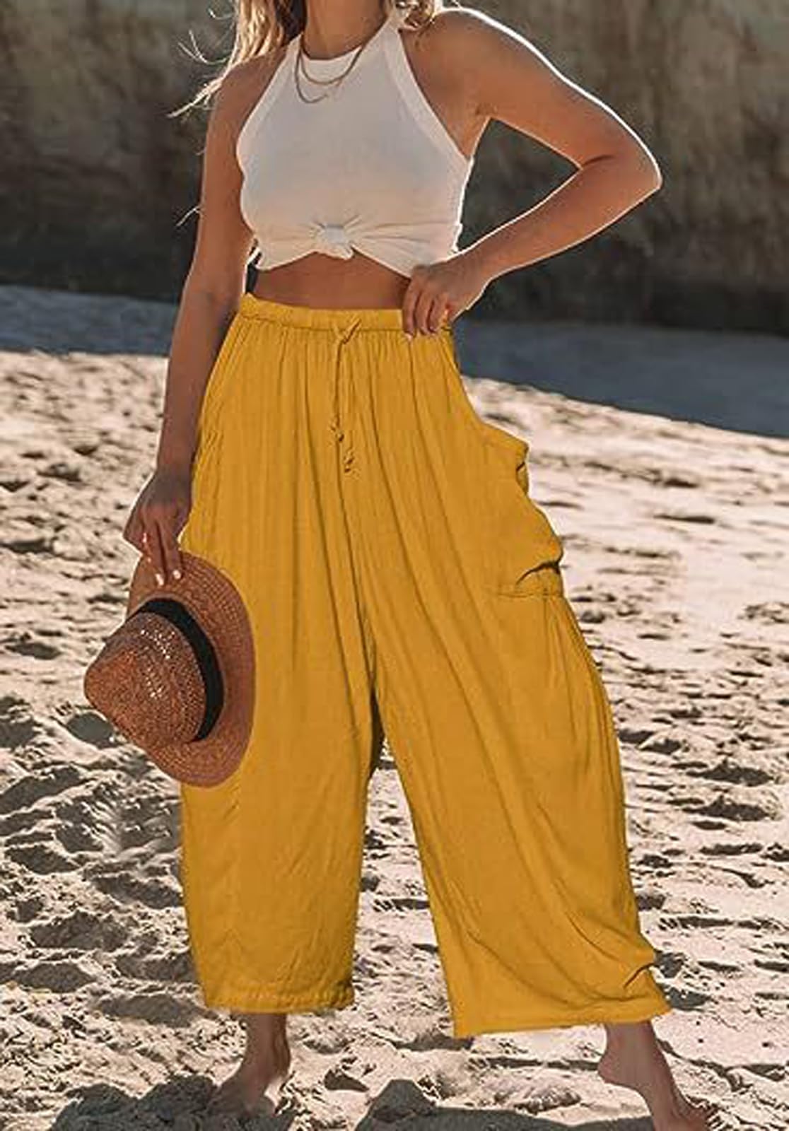 Boho Wide Leg Palazzo Pants for Women - Casual Drawstring Lounge Pants with Flowy Gauze Fabric - Perfect for Beach, Summer Vacation & Boho Chic Outfits