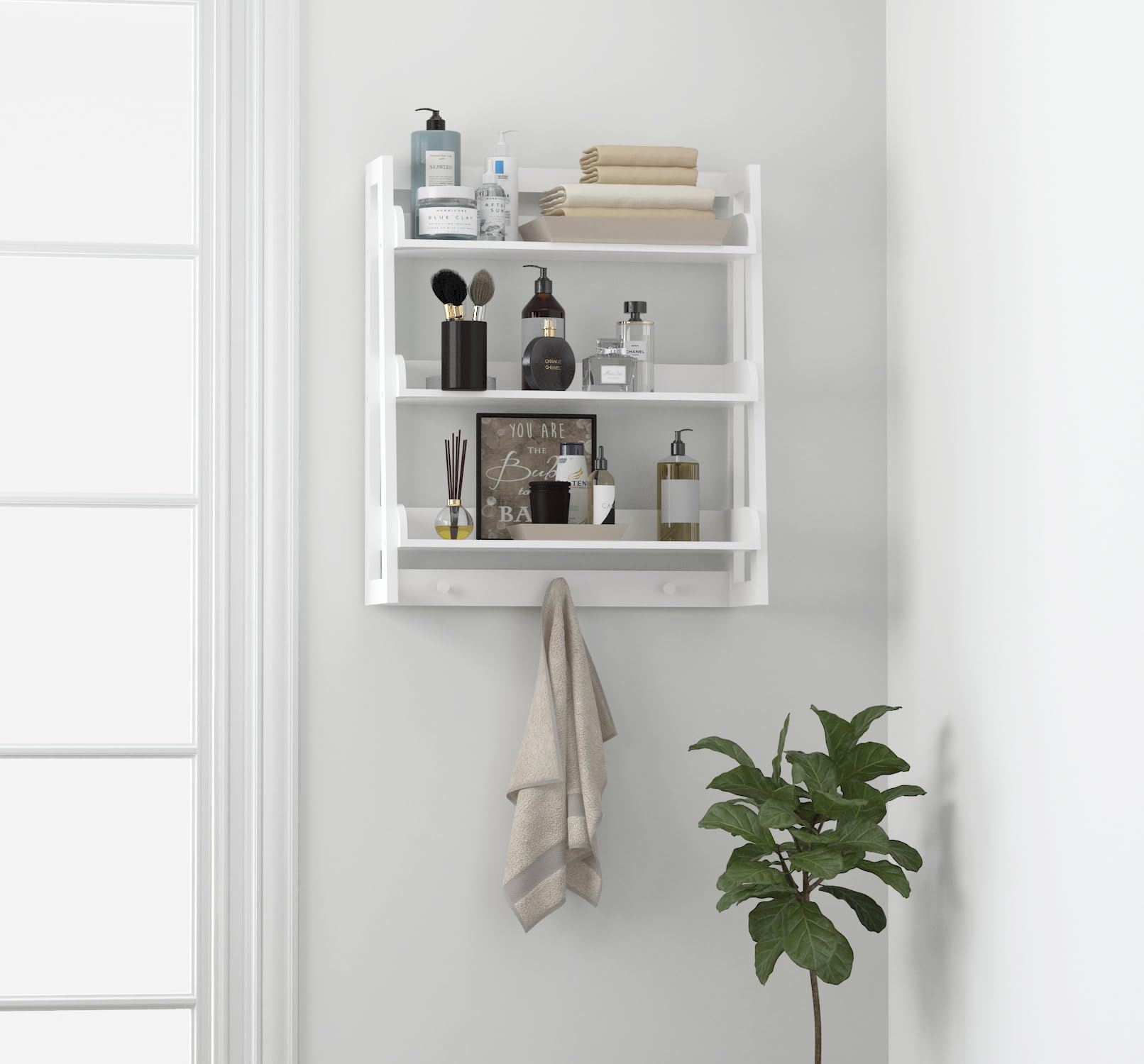 UTEX 3-Tier Over Toilet Storage Shelf Organizer - Bathroom Wall Mount Shelf with Hooks, White - Perfect for Small Bathroom Organization & Towel Storage