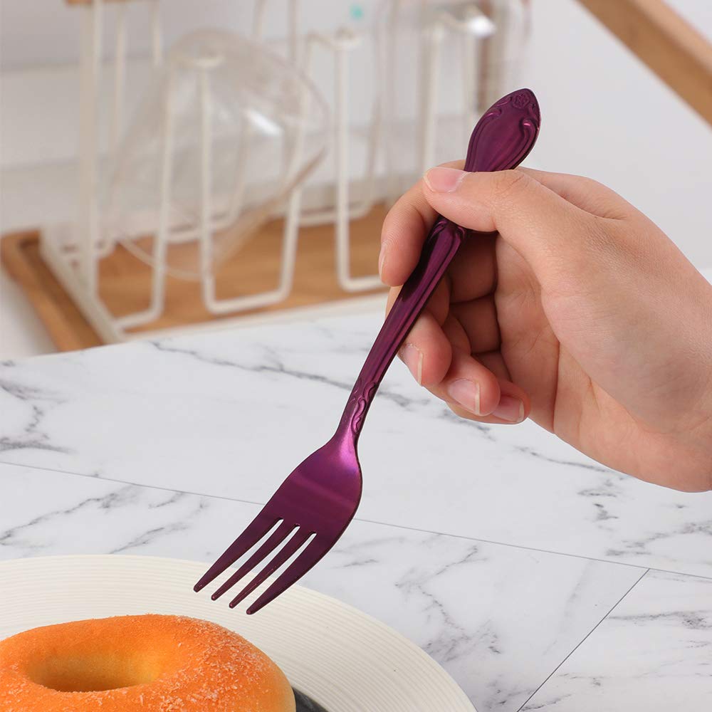 12-Piece Stainless Steel Salad Forks Set - Elegant Flower Edge Design, 6.4 Inch Appetizer & Dessert Forks - Perfect for Dinner Parties, Weddings & Home Entertaining (Purple)