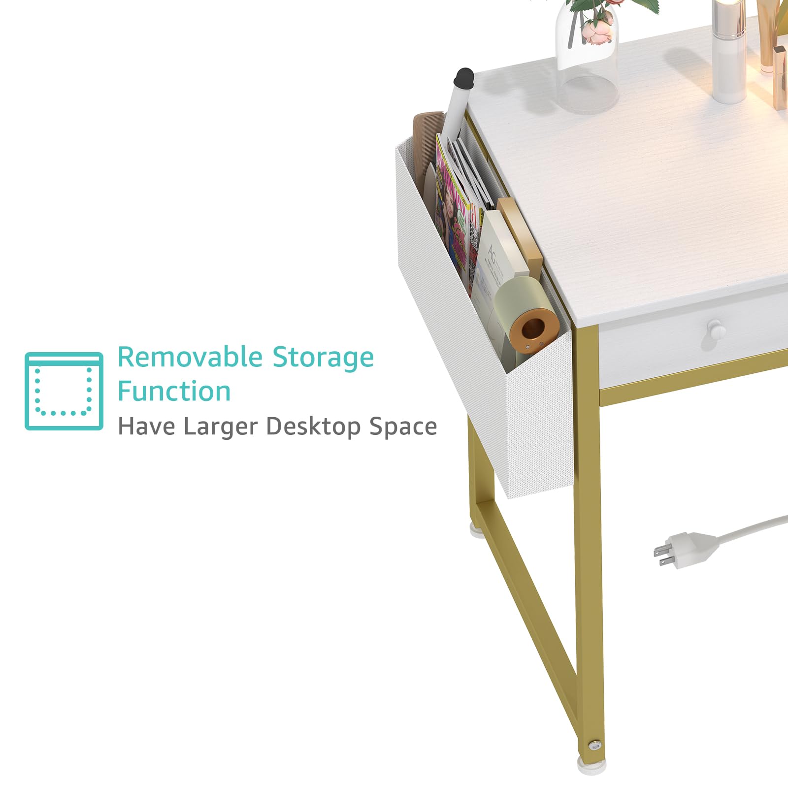 Lufeiya 40 Inch White and Gold Makeup Vanity Desk Set with LED Lights, Mirror, Fabric Drawers & USB Charging Station - Dressing Table with Chair for Bedroom, Girls Room Decor - Perfect for Beauty Routines, Makeup Application and Home Organization