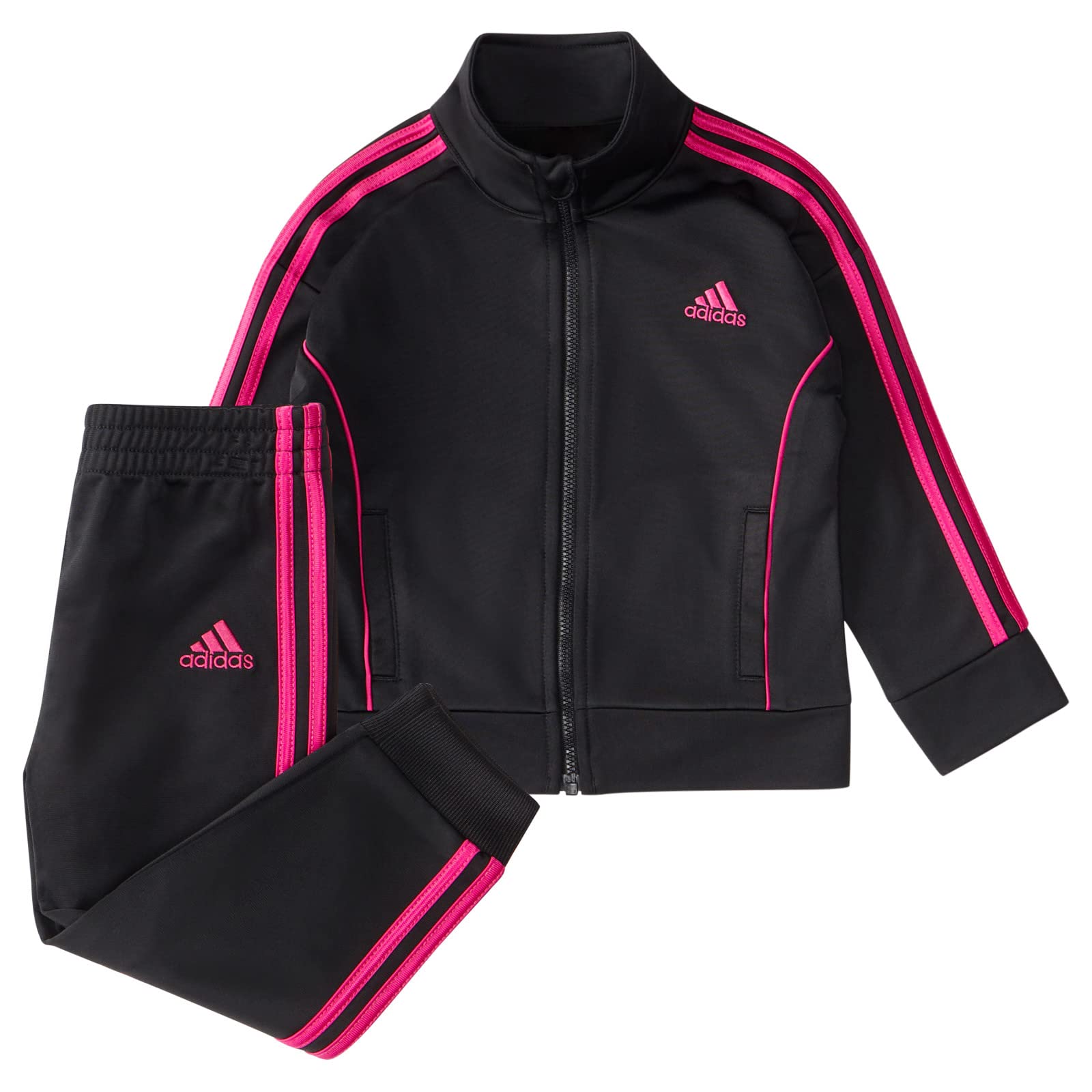 Adidas Girls Zip Front Classic Tricot Jacket & Joggers Set - 24 Months, Black with Real Magenta | Comfortable Athletic Outfit for Toddlers, Perfect for Playdates, Daycare & Outdoor Activities
