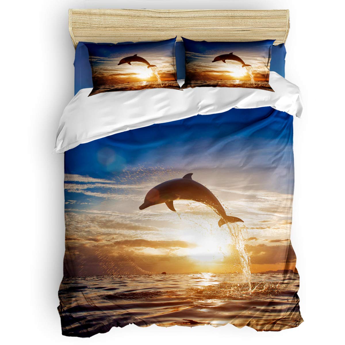 Woloudy King Size Bedding Set - Breathable Duvet Cover with Dolphin Sunset Ocean Design - 4 Piece Lightweight Comforter Set Includes Duvet Cover & Pillowcases - Perfect for Coastal Themed Bedrooms & Beach House Decor