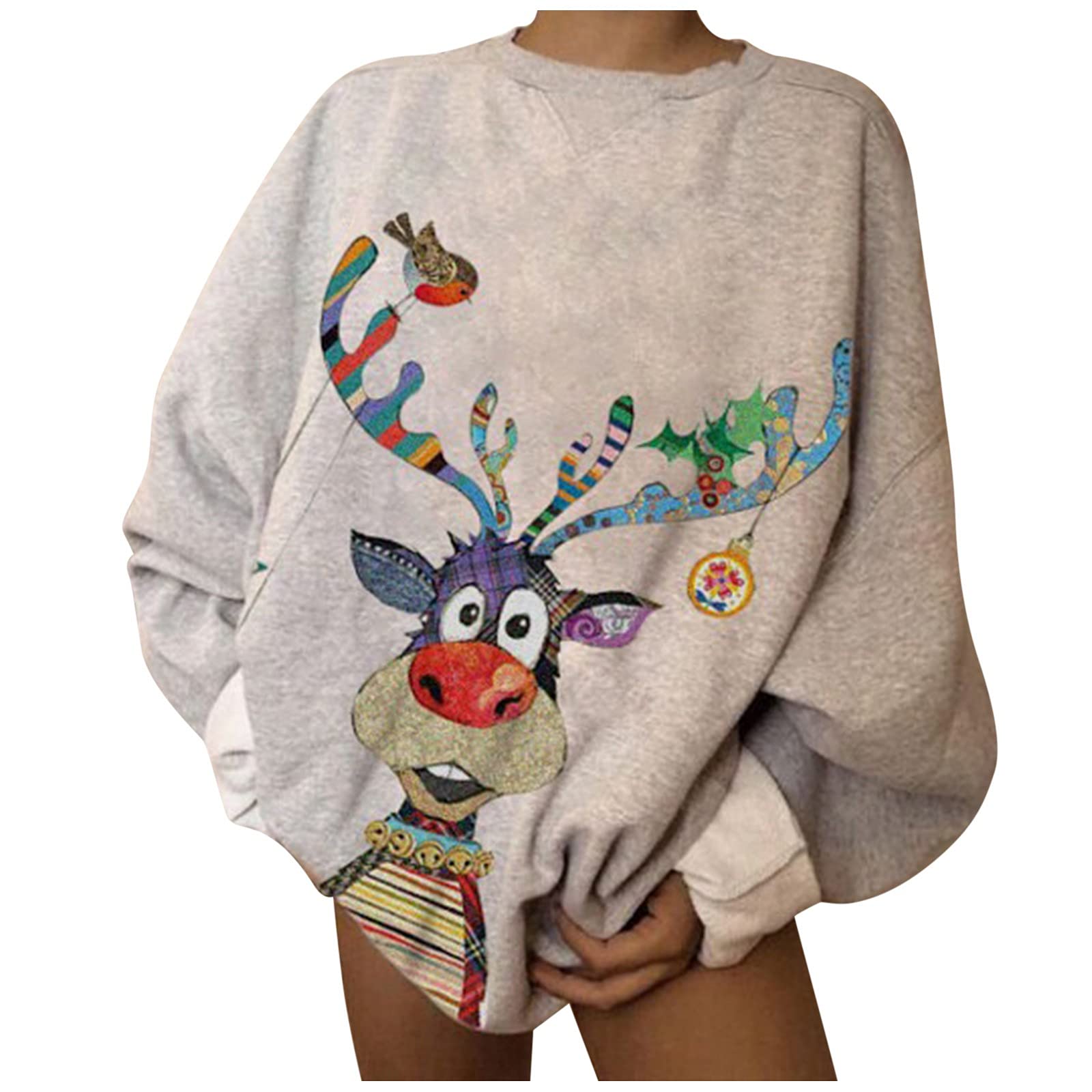 LADIGASU Women's Christmas Graphic Crewneck Sweatshirt - Oversized Pullover Top, Cute Casual Long Sleeve Blouse for Holiday Parties & Cozy Winter Outfits